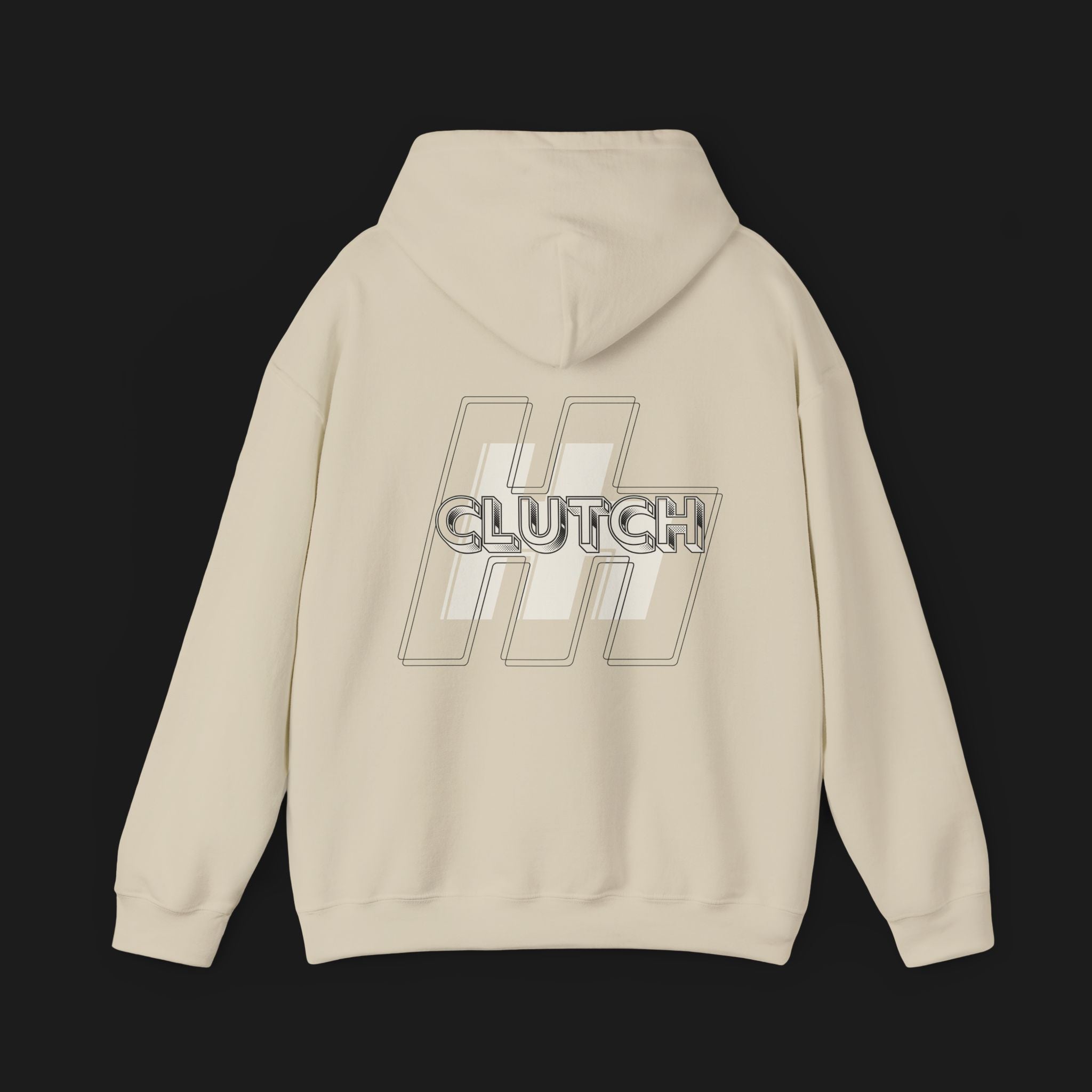 Back of Clutch Retro Automotive Hoodie – Sand color unisex hoodie featuring a minimalist 'Clutch' logo with geometric shapes in beige and black outlines. Perfect for car enthusiasts and everyday casual wear.