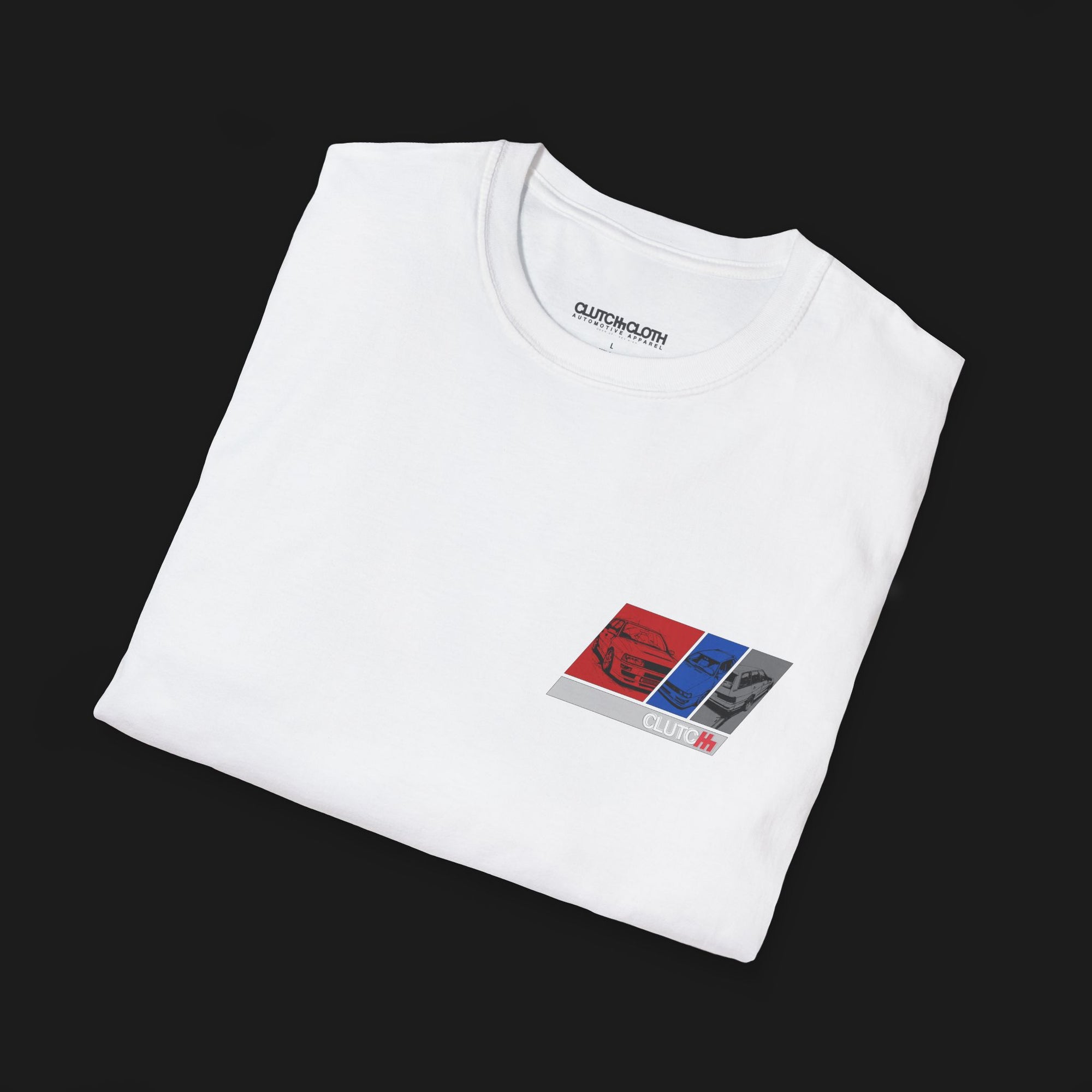Folded RS2 Heritage Automotive Graphic T-Shirt – White unisex tee featuring a stylish RS2 car design with red, white, and blue color blocks. Ideal gift for classic car enthusiasts and Audi fans.