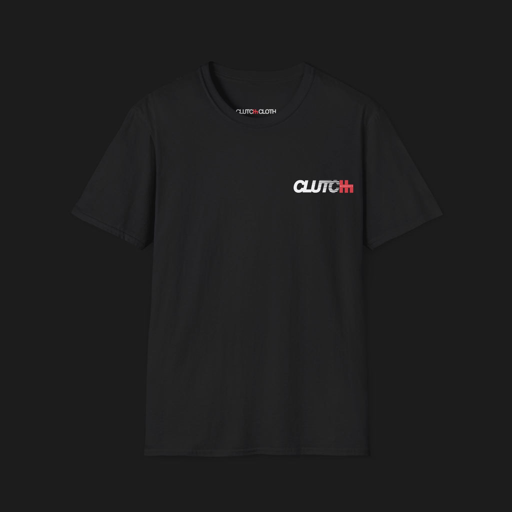 Front angle of Clutch Motorsports Automotive Graphic T-Shirt – Black unisex tee featuring a bold geometric motorsports-inspired design on the back. A perfect gift for car enthusiasts and racing fans.