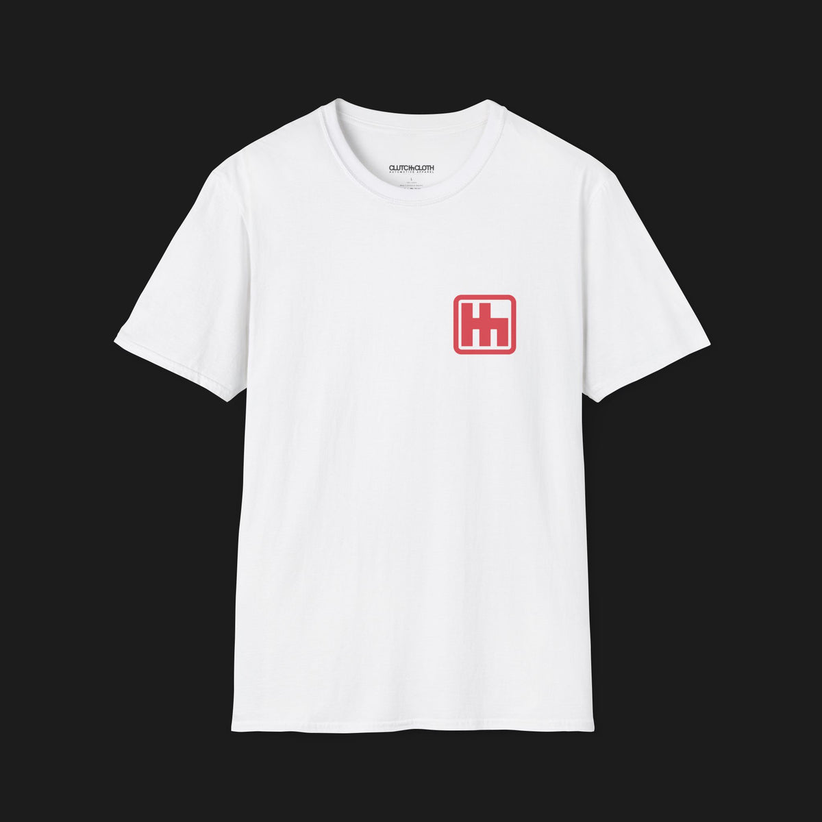 Front of Clutch Gated H Shifter Automotive Graphic T-Shirt – White unisex tee with a minimalist red &#39;H&#39; shifter logo on the left chest. Ideal gift for car enthusiasts and motorsport lovers.