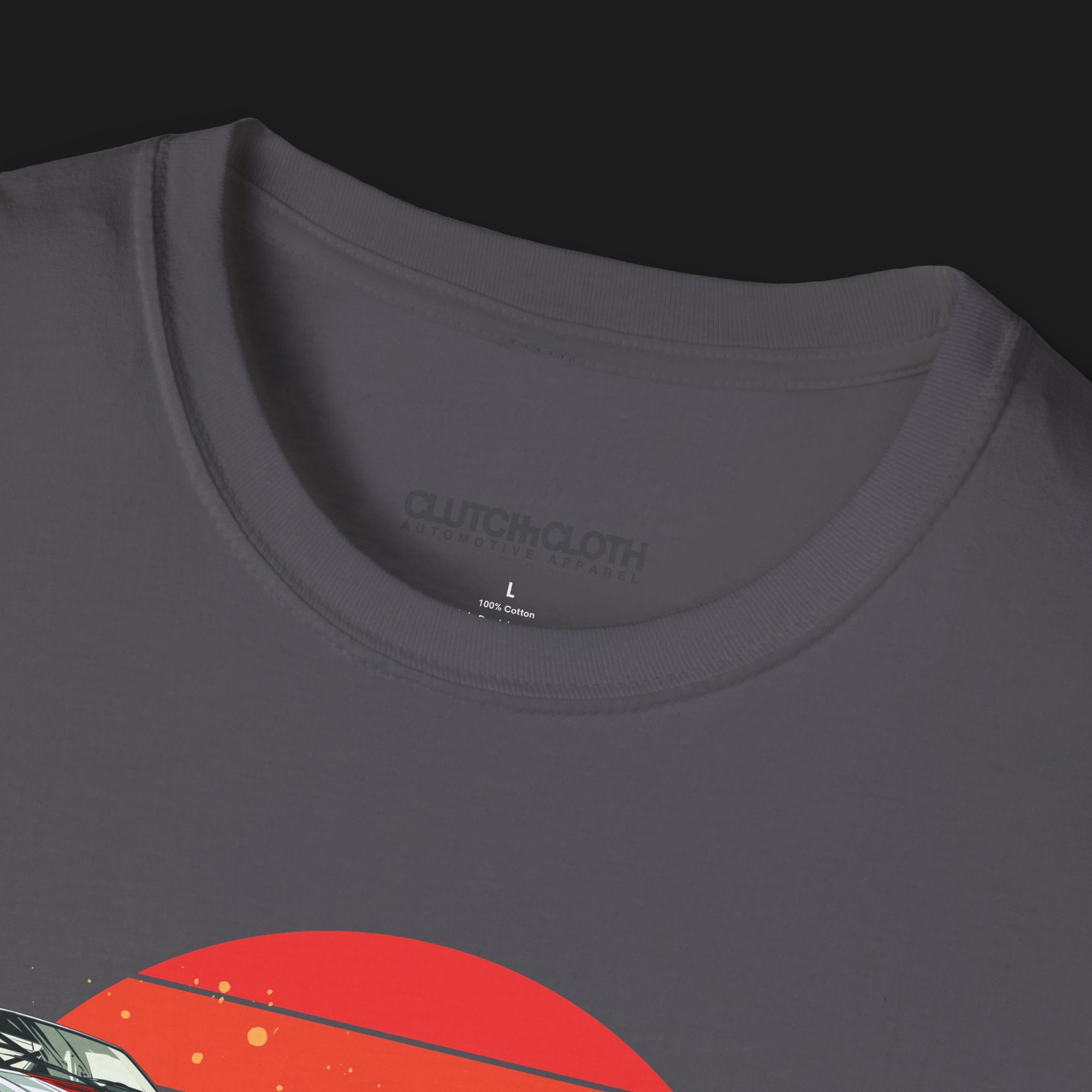 Collar of Charcoal Racing Sport Rally Sunset Automotive Graphic T-Shirt – unisex tee featuring a rally car and a vintage car against a bold sunset background in shades of red, orange, and yellow. Ideal gift for car and motorsport enthusiasts.