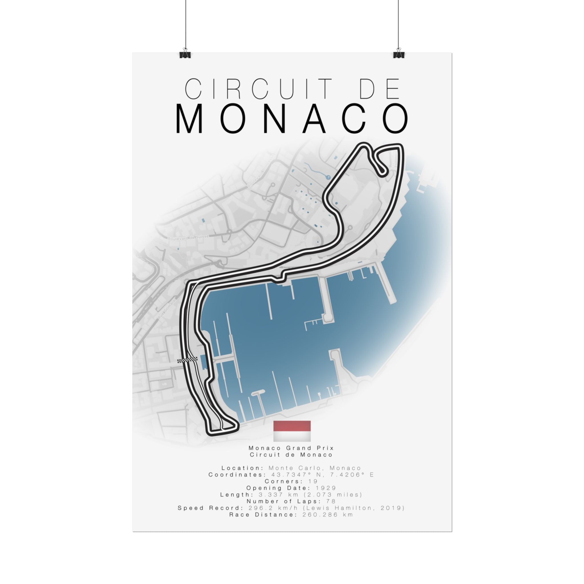 Circuit de Monaco F1 Track Details Poster – Stylish automotive poster featuring the Monaco Grand Prix circuit map, track statistics, and key details. Ideal gift for Formula 1 and racing enthusiasts.