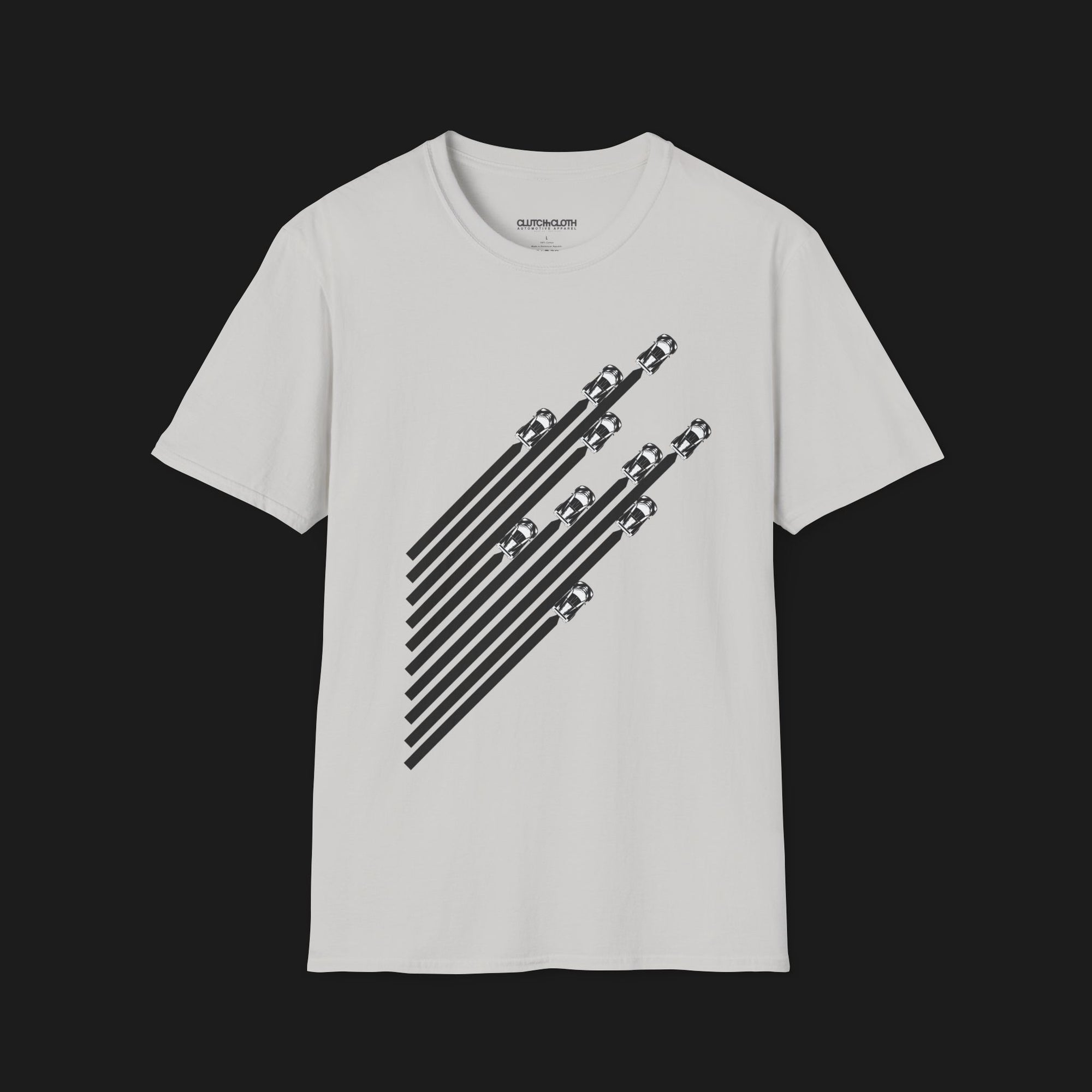 Front of V8 Racing Stripes Automotive Graphic T-Shirt – Ice White unisex tee featuring a series of sleek black racing stripes with V8 cars in a diagonal formation. Perfect gift for motorsport and muscle car enthusiasts.