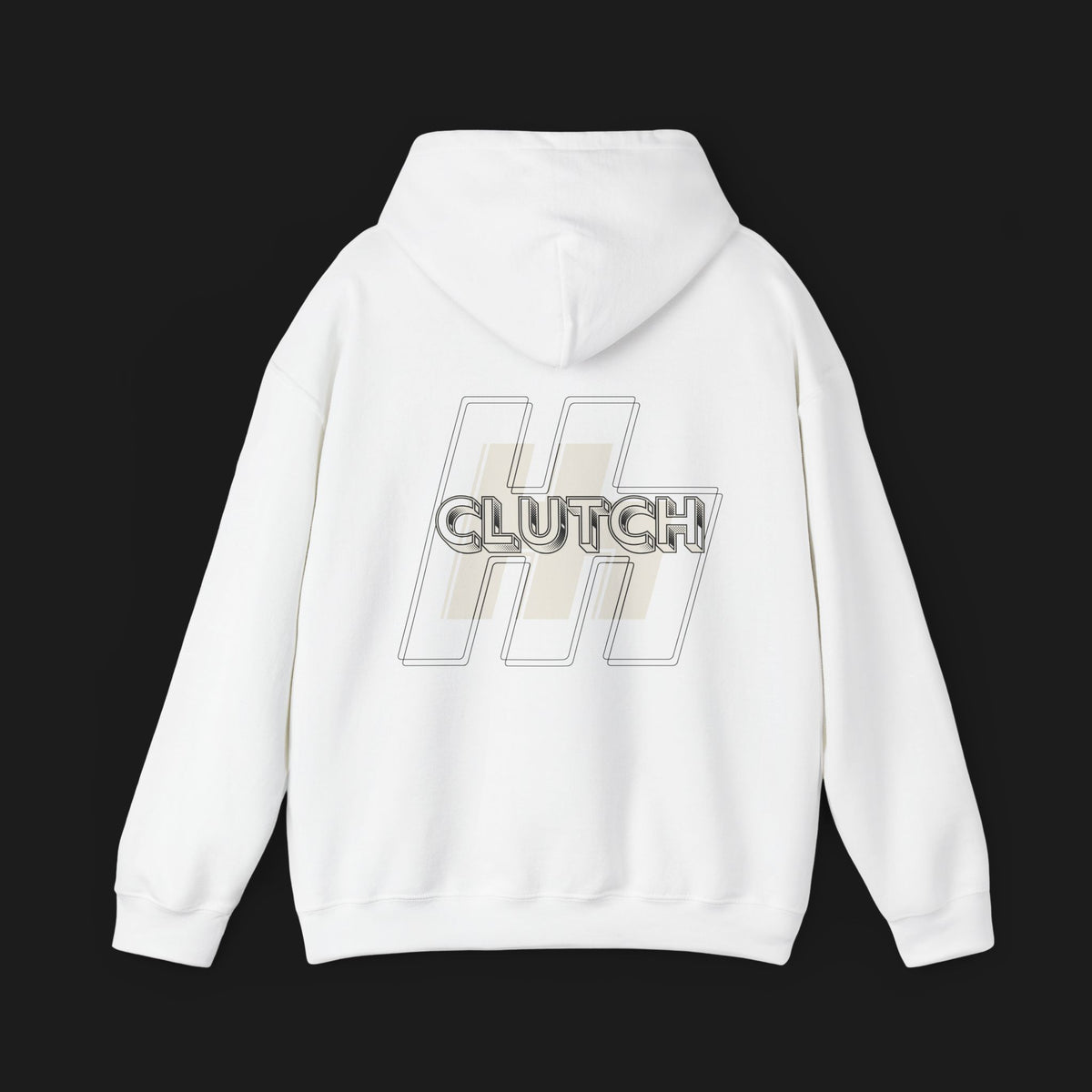 Back of Clutch Retro Automotive Hoodie – White unisex hoodie featuring a minimalist &#39;Clutch&#39; logo with geometric shapes in beige and black outlines. Perfect for car enthusiasts and everyday casual wear.