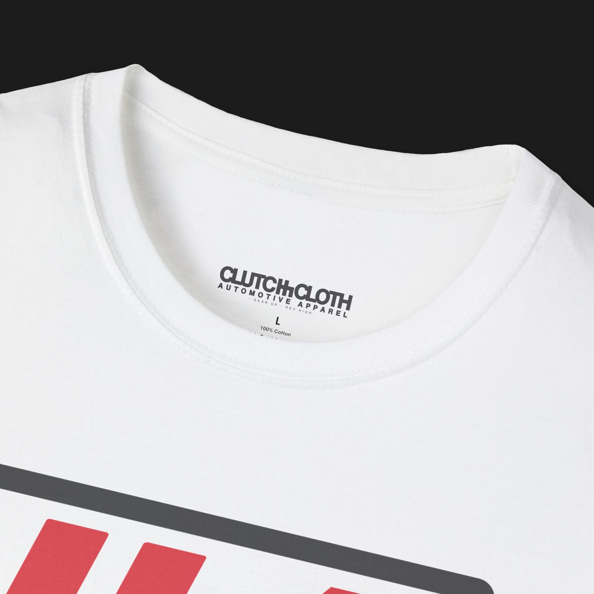 Collar of Control Freak Automotive Graphic T-Shirt – White unisex tee with bold red 'H' logo, traction control off symbol, and 'Control Freak' text. Perfect gift for car lovers and driving enthusiasts.