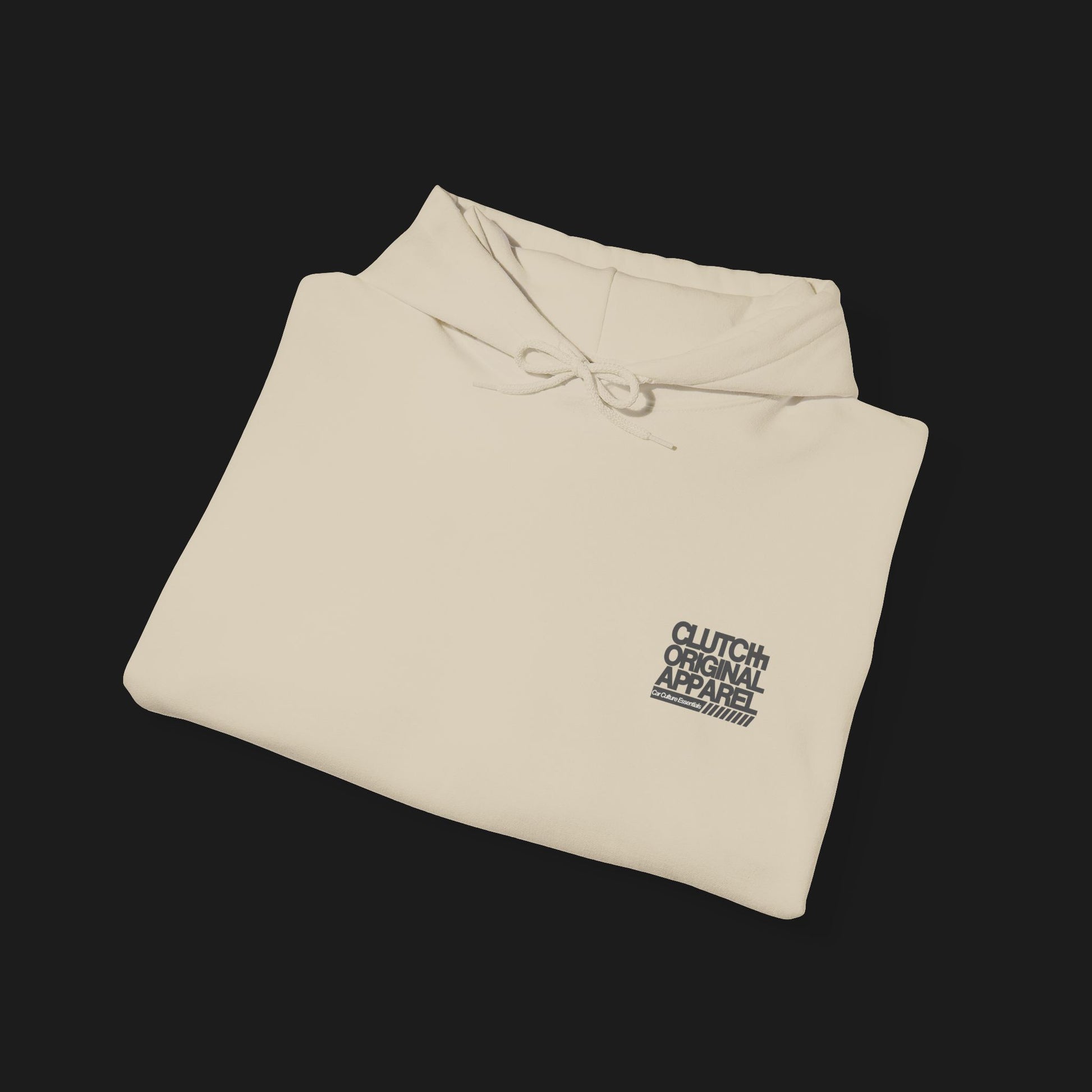 Folded Front Clutch Retro Automotive Hoodie – Beige unisex hoodie featuring a minimalist 'Clutch' logo with geometric shapes in beige and black outlines. Perfect for car enthusiasts and everyday casual wear.