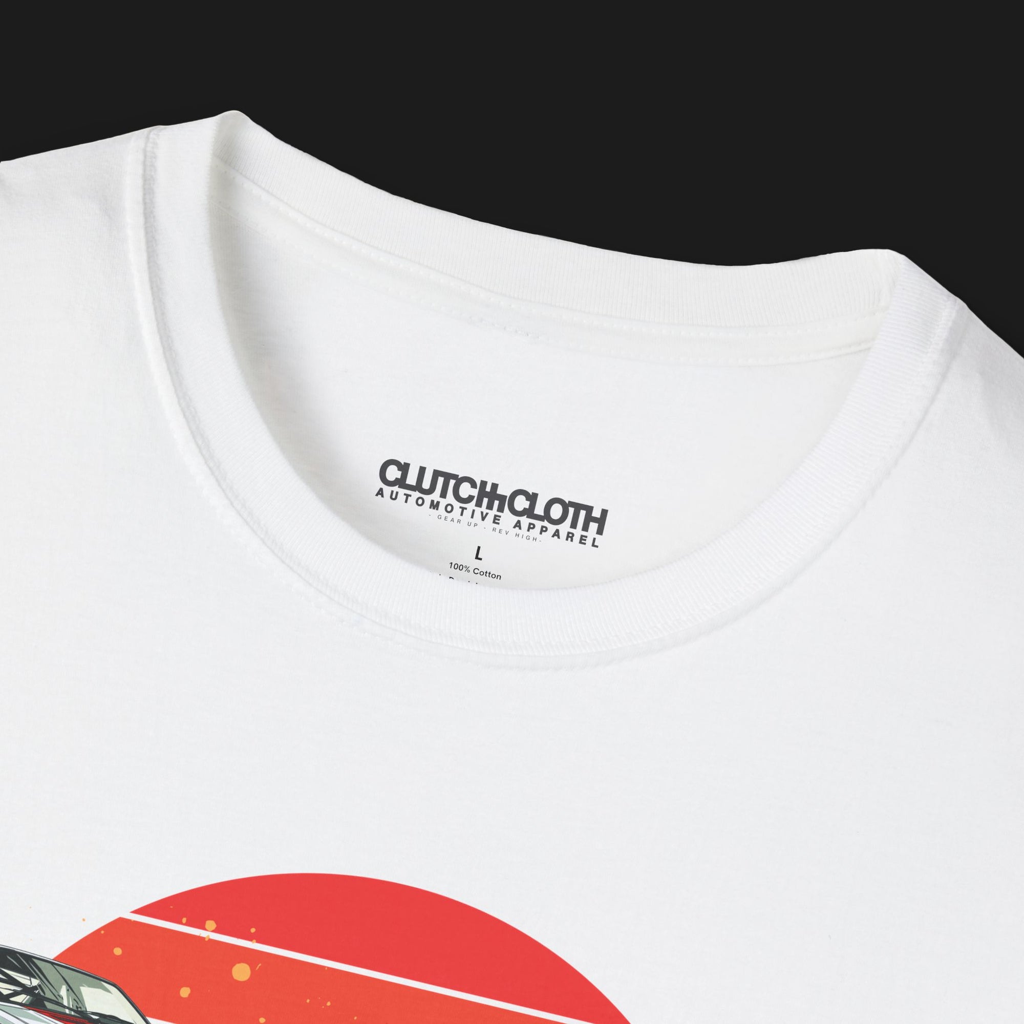 Collar of Racing Sport Rally Sunset Automotive Graphic T-Shirt – White unisex tee featuring a rally car and a vintage car against a bold sunset background in shades of red, orange, and yellow. Ideal gift for car and motorsport enthusiasts.