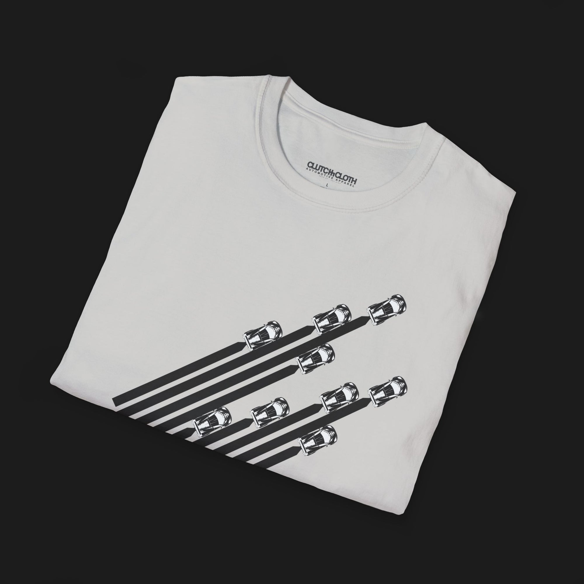 Folded V8 Racing Stripes Automotive Graphic T-Shirt – Ice White unisex tee featuring a series of sleek black racing stripes with V8 cars in a diagonal formation. Perfect gift for motorsport and muscle car enthusiasts.