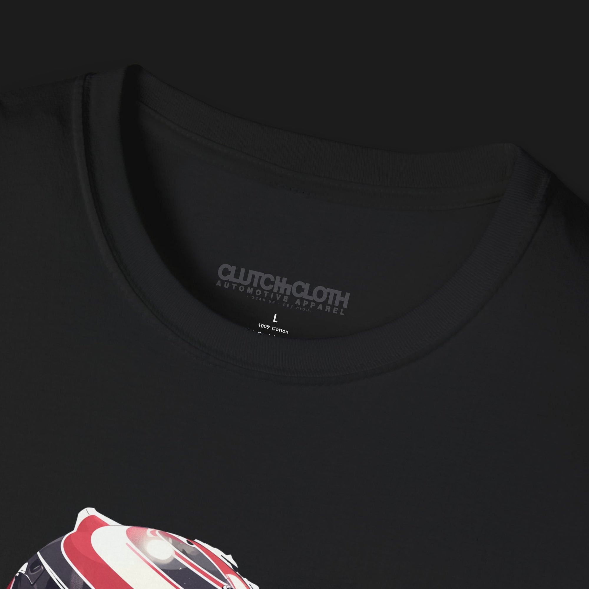 Collar of Race Ready Automotive Graphic T-Shirt – Black unisex tee featuring a racing driver adjusting a red and white helmet with checkered flag details. Perfect for motorsport enthusiasts and race fans.