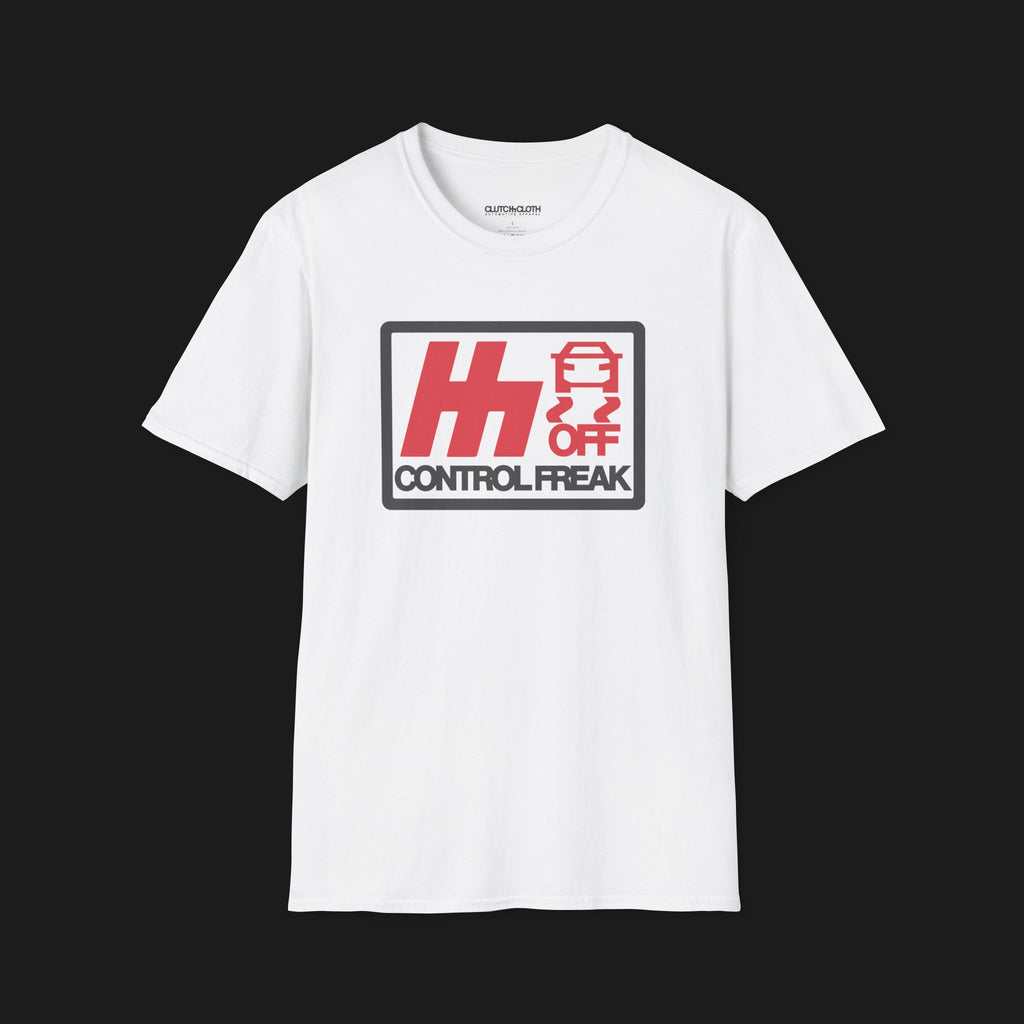 Front of Control Freak Automotive Graphic T-Shirt – White unisex tee with bold red 'H' logo, traction control off symbol, and 'Control Freak' text. Perfect gift for car lovers and driving enthusiasts.