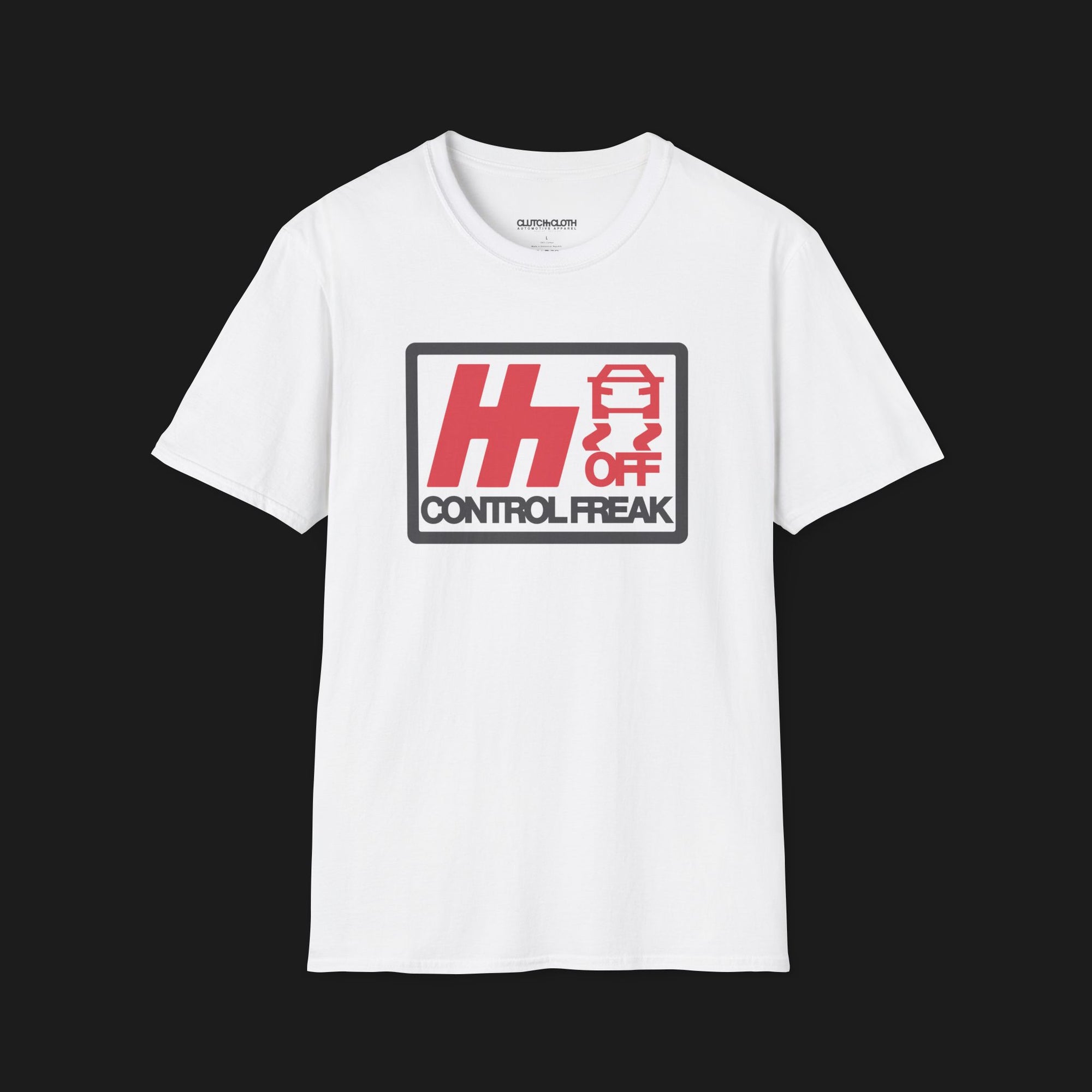 Front of Control Freak Automotive Graphic T-Shirt – White unisex tee with bold red 'H' logo, traction control off symbol, and 'Control Freak' text. Perfect gift for car lovers and driving enthusiasts.