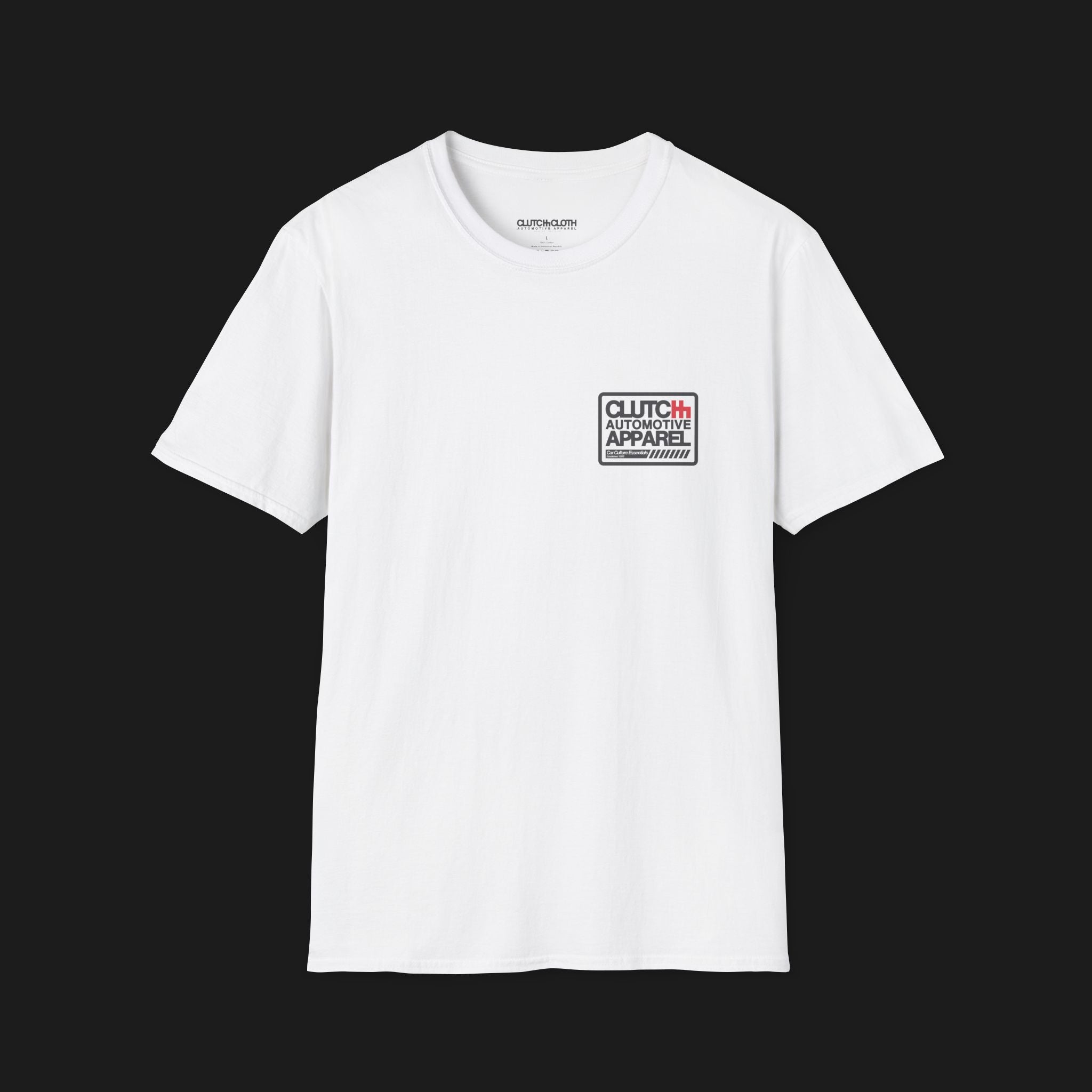 Front angle of Clutch Classic Unlock The Garage Automotive Graphic T-Shirt – White tee featuring a small "Clutch Automotive Apparel" chest design. Perfect gift for car lovers and gearheads.