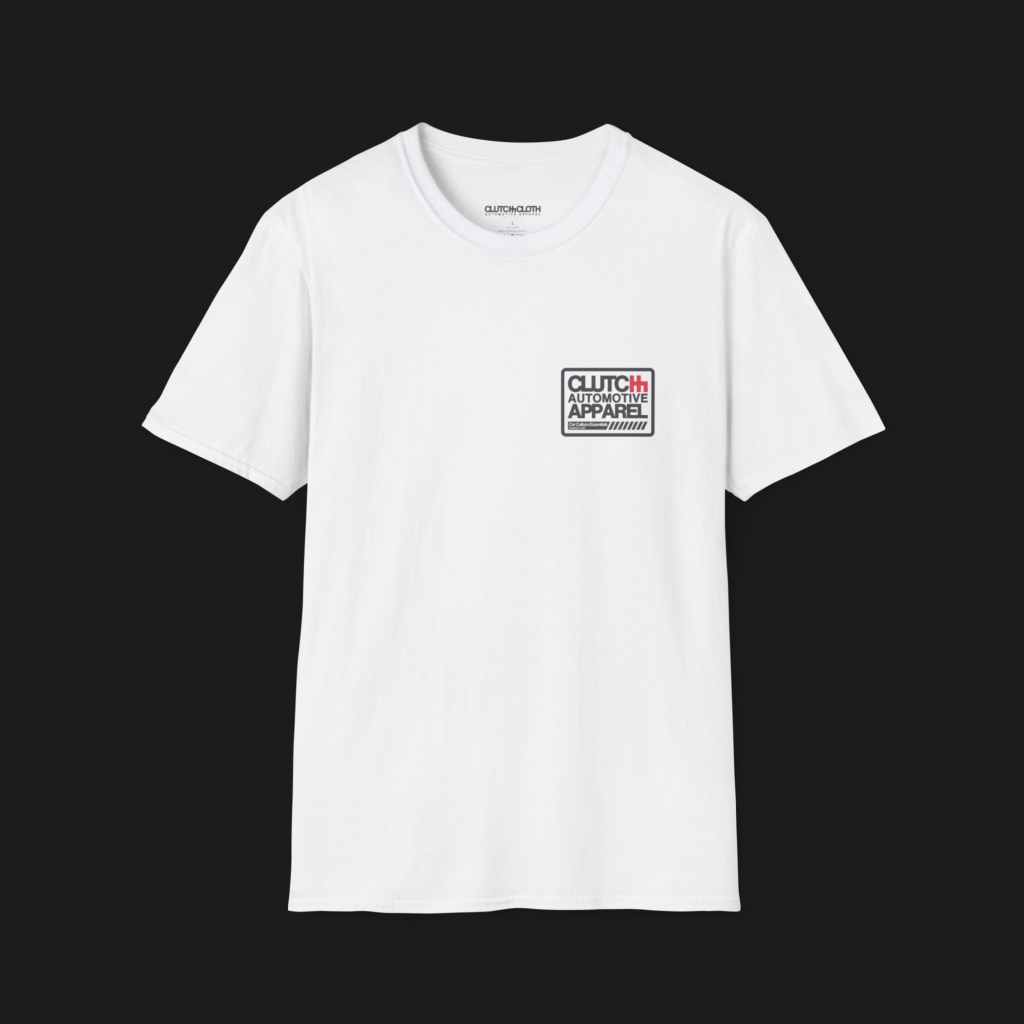 Front angle of Clutch Classic Unlock The Garage Automotive Graphic T-Shirt – White tee featuring a small "Clutch Automotive Apparel" chest design. Perfect gift for car lovers and gearheads.