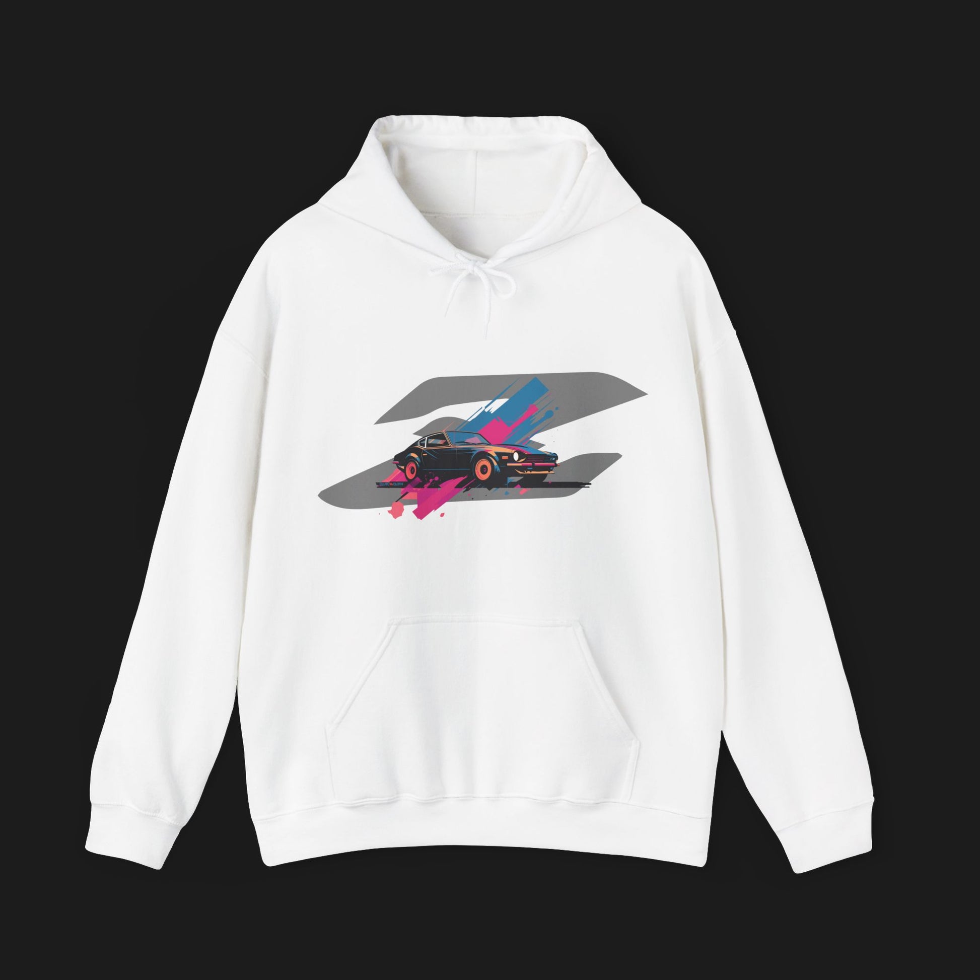 Front of Retro 280Z Automotive Graphic Hoodie – White unisex hoodie featuring a colorful retro design of a Nissan 280Z with vibrant pink, blue, and gray geometric background. Ideal for classic JDM and car lovers.