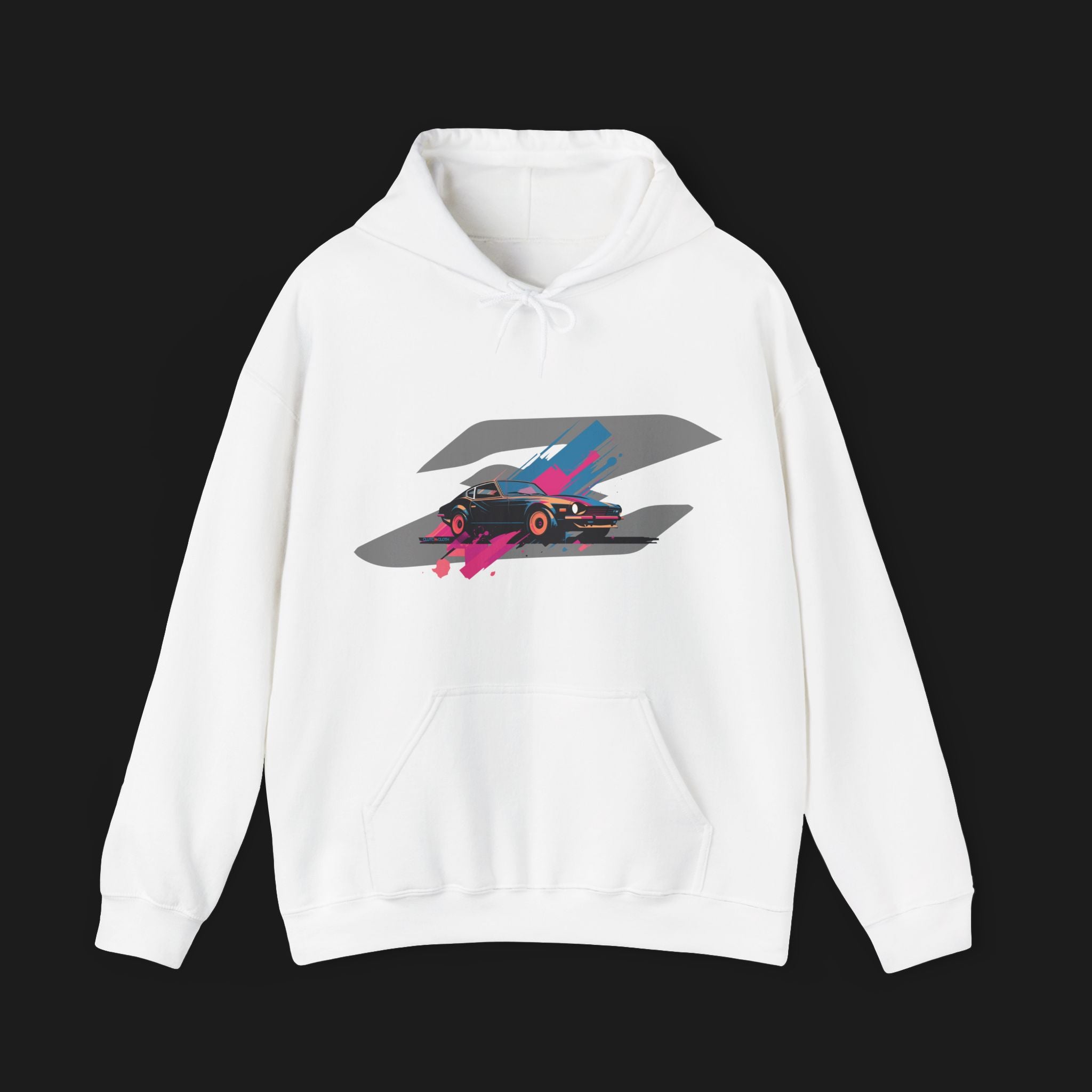 Front of Retro 280Z Automotive Graphic Hoodie – White unisex hoodie featuring a colorful retro design of a Nissan 280Z with vibrant pink, blue, and gray geometric background. Ideal for classic JDM and car lovers.