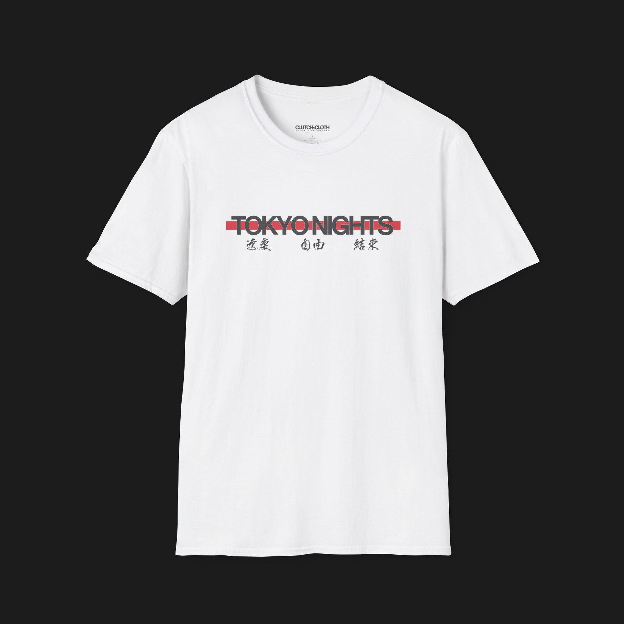Front of Tokyo Nights Automotive Graphic T-Shirt – White unisex tee featuring 'Tokyo Nights' in white and red with Japanese characters representing speed, freedom, and unity. Ideal gift for JDM fans and street racing enthusiasts.