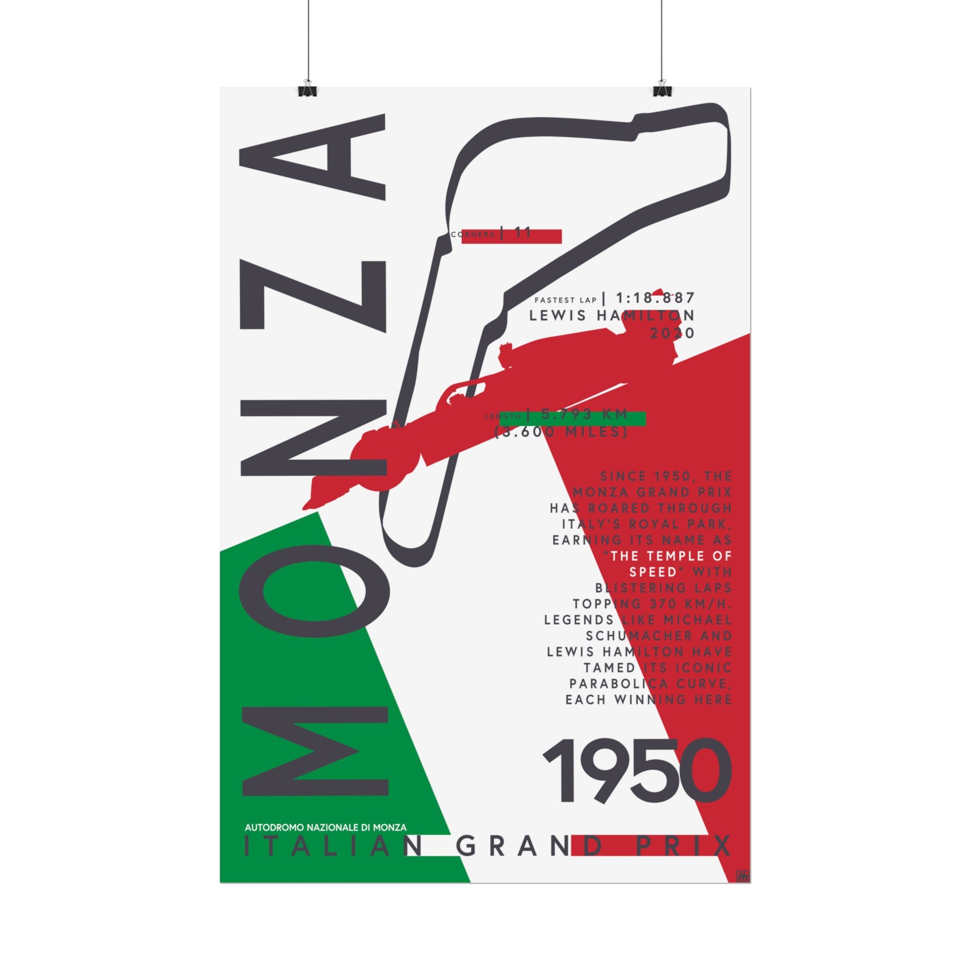 Monza F1 Grand Prix Temple of Speed Poster – Modern graphic design poster featuring the Monza F1 circuit outline with Italian flag colors, track statistics, and notable drivers. Ideal for Formula 1 and racing fans.