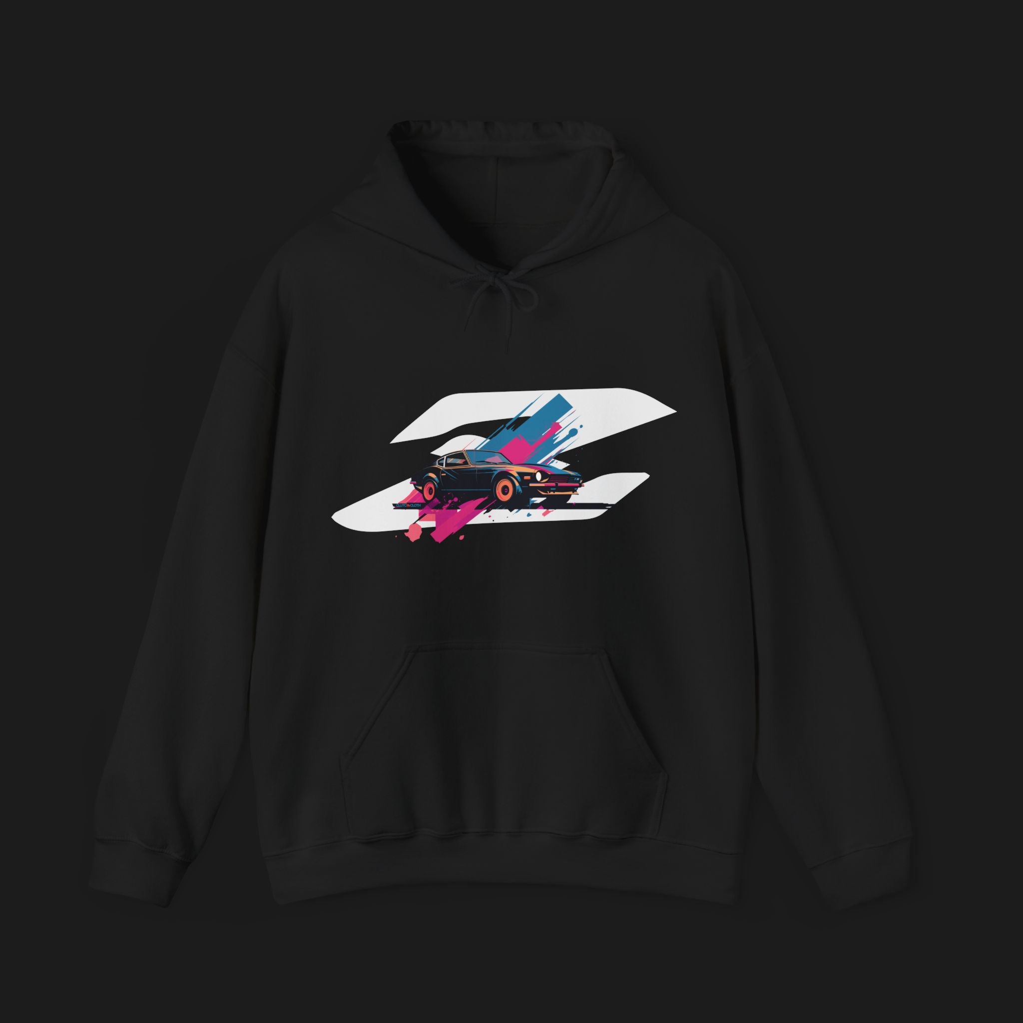 Front of Retro 280Z Automotive Graphic Hoodie – Black unisex hoodie featuring a colorful retro design of a Nissan 280Z with vibrant pink, blue, and gray geometric background. Ideal for classic JDM and car lovers.
