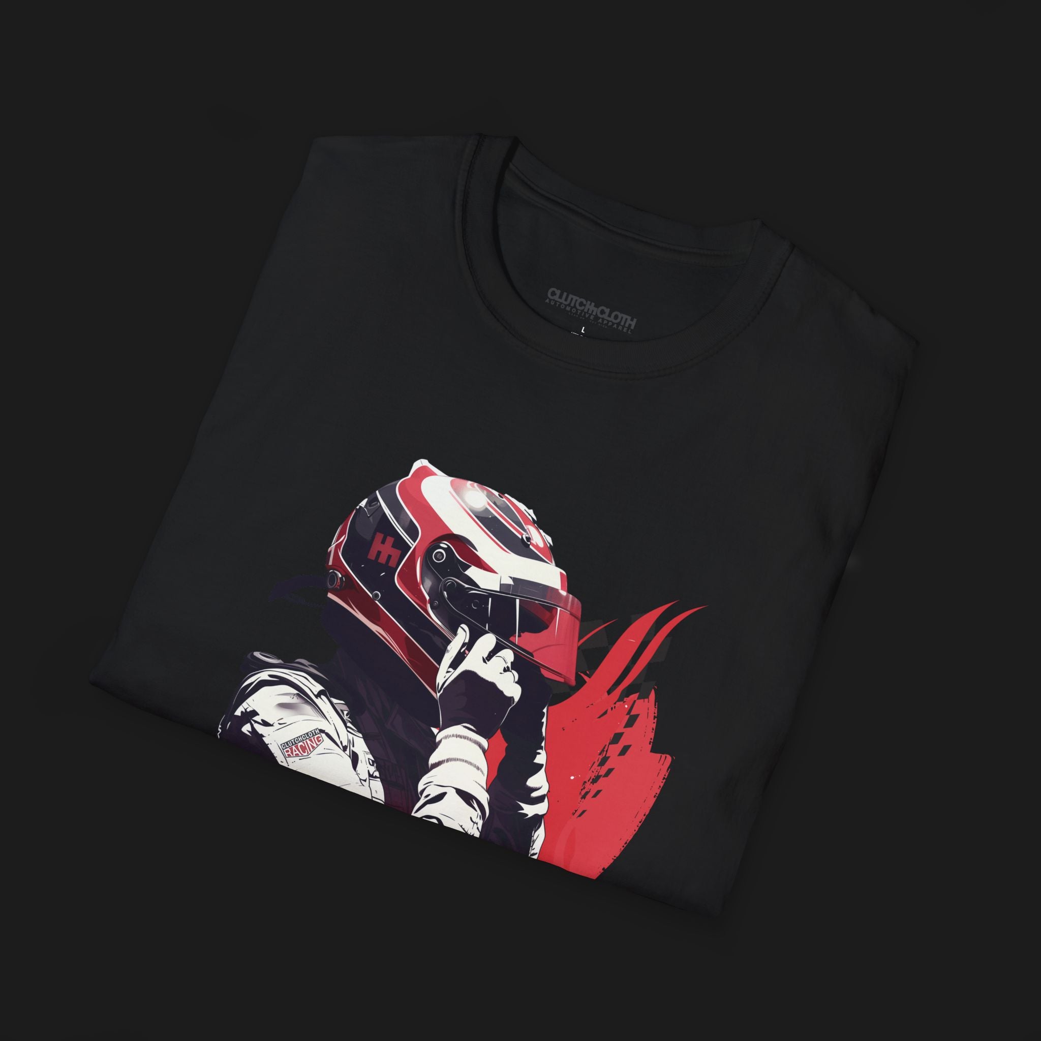 Folded Race Ready Automotive Graphic T-Shirt – Black unisex tee featuring a racing driver adjusting a red and white helmet with checkered flag details. Perfect for motorsport enthusiasts and race fans.