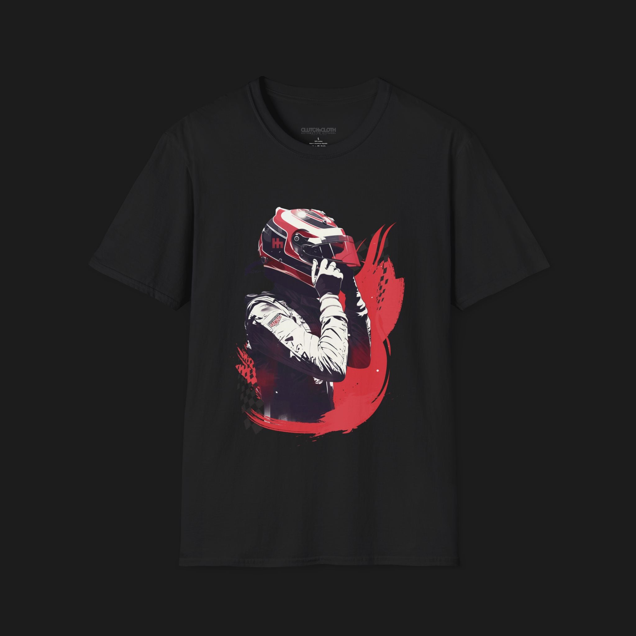 Front of Race Ready Automotive Graphic T-Shirt – Black unisex tee featuring a racing driver adjusting a red and white helmet with checkered flag details. Perfect for motorsport enthusiasts and race fans.