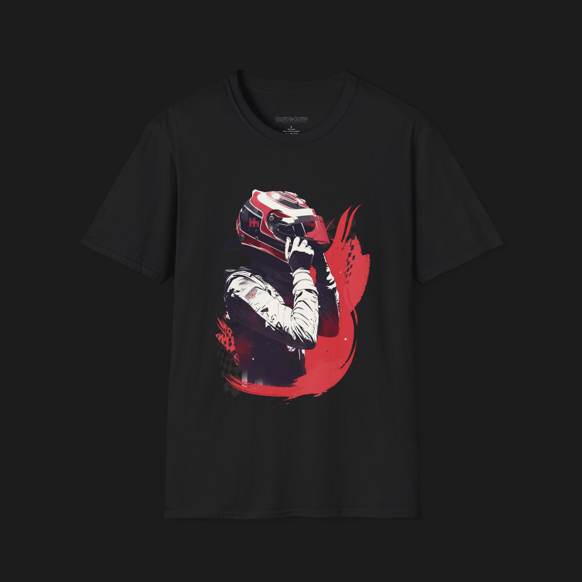 Front of Race Ready Automotive Graphic T-Shirt – Black unisex tee featuring a racing driver adjusting a red and white helmet with checkered flag details. Perfect for motorsport enthusiasts and race fans.