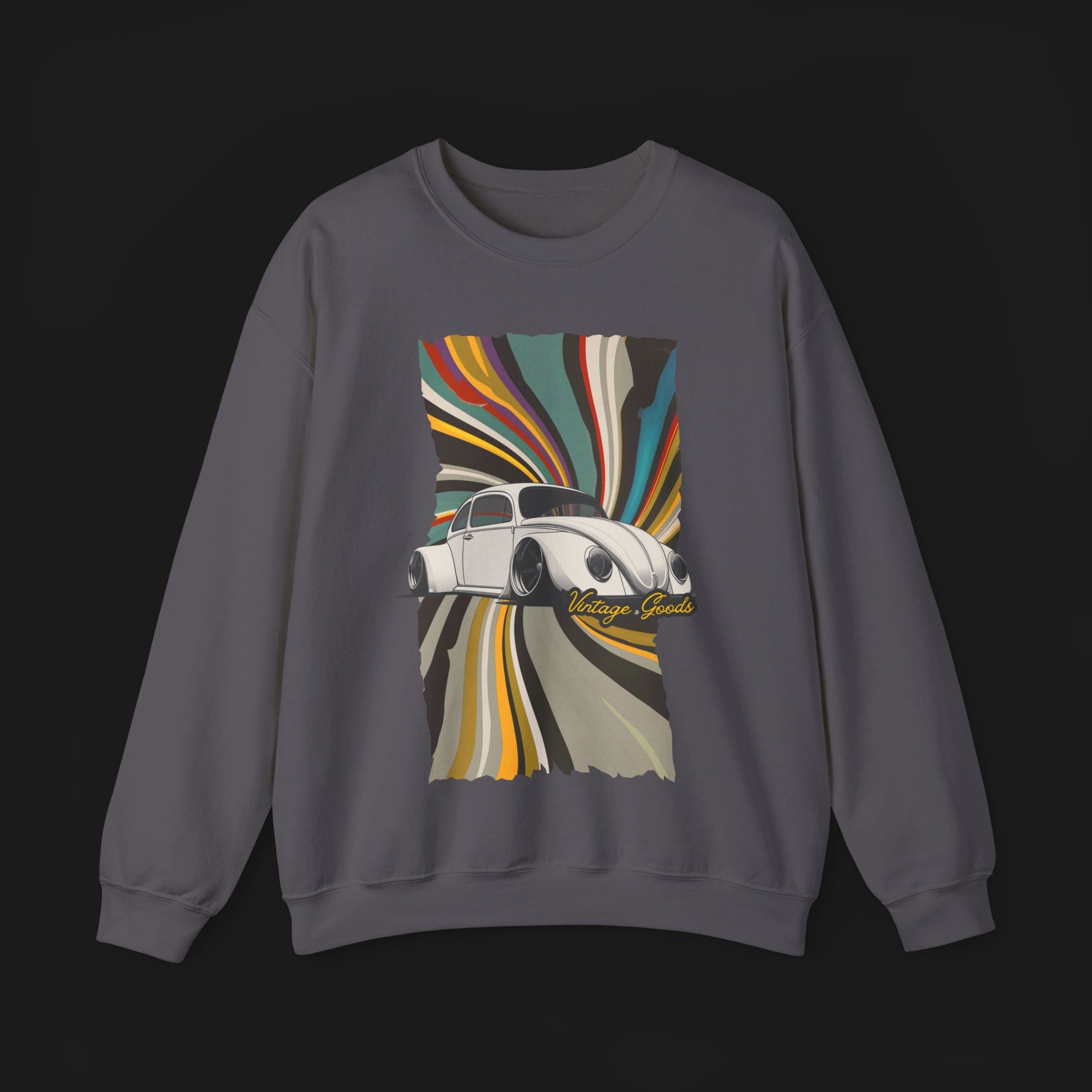 Front of Vintage Goods Bug Automotive Graphic Crewneck – Grey unisex sweater featuring a classic Volkswagen Beetle with a colorful retro swirl background. Ideal for vintage car enthusiasts and retro style lovers.