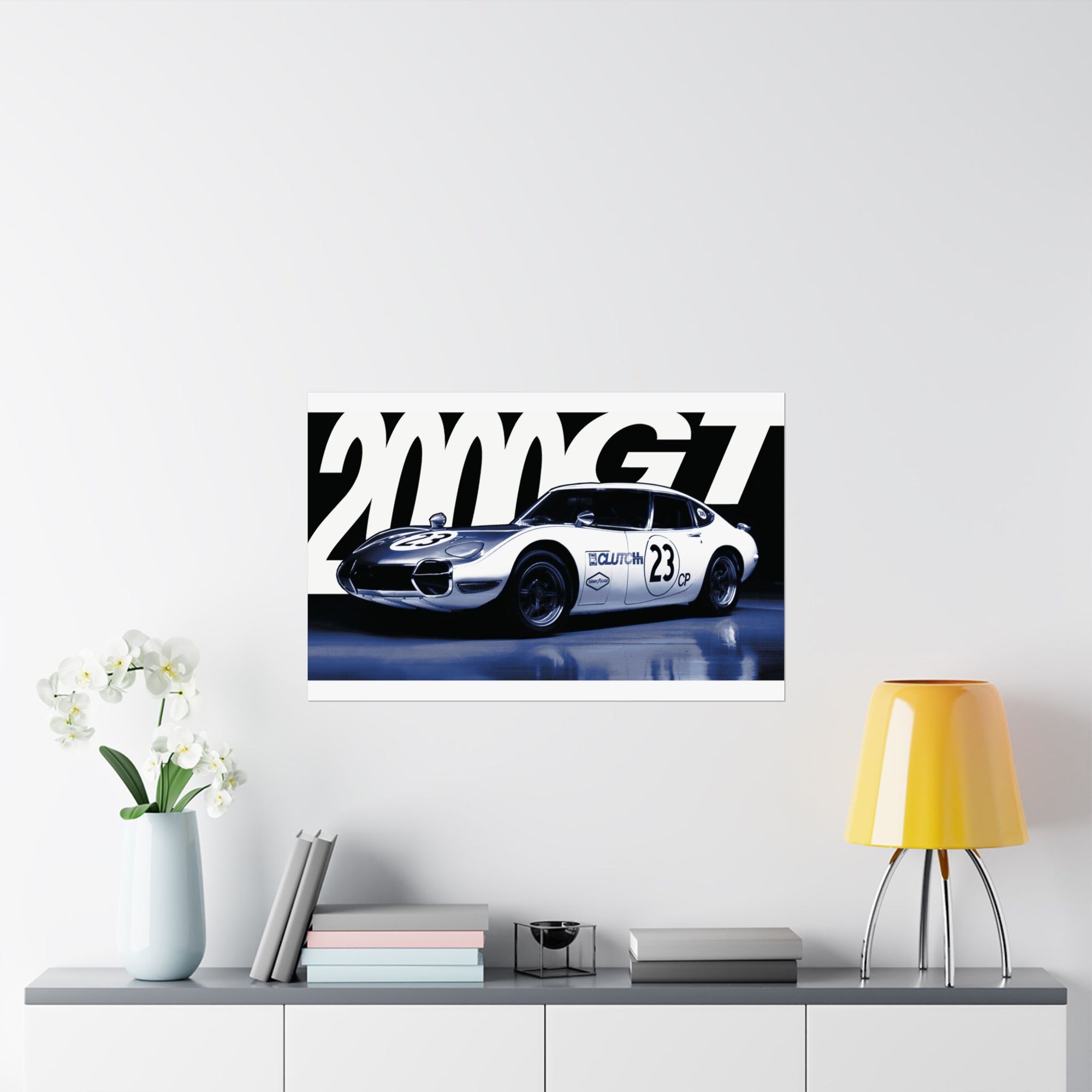 2000GT Matte Horizontal Poster – Stylish matte poster featuring the iconic 2000GT race car with a bold background design displayed in a living room. Ideal for JDM and vintage racing enthusiasts looking to elevate their space with automotive history.