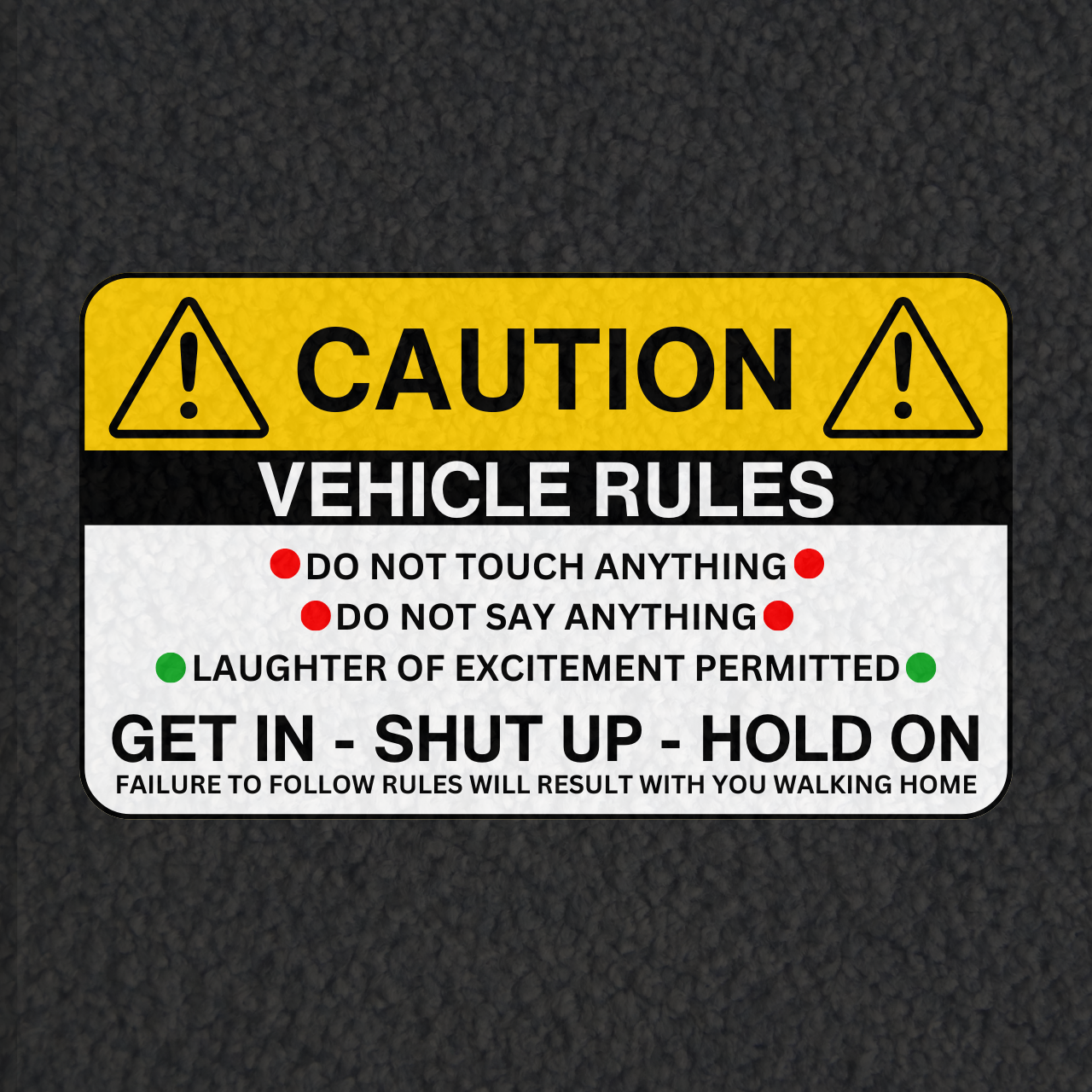 Close up Caution Sticker for Clutch Car Mat Set – Premium set of 4 black car mats featuring the Clutch logo and "Gear Up, Rev High" tagline. Designed for durability and style, perfect for automotive enthusiasts.