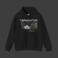 Black hoodie with 'Terminator' graphic design on a dark background