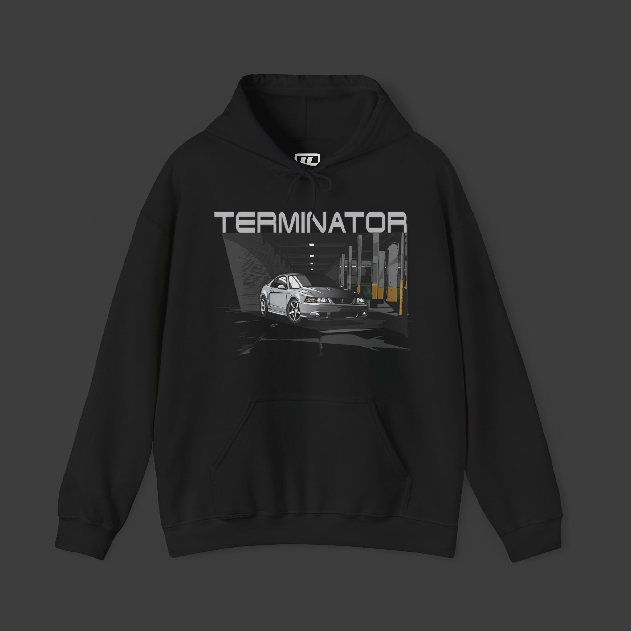 Black hoodie with 'Terminator' graphic design on a dark background