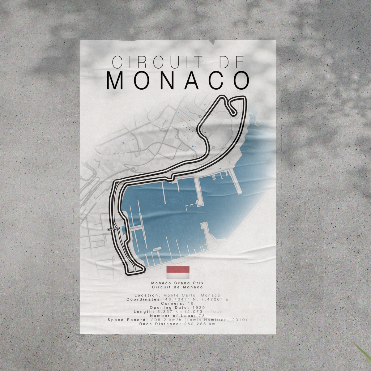Circuit de Monaco F1 Track Details Poster – Stylish automotive poster featuring the Monaco Grand Prix circuit map, track statistics, and key details. Ideal gift for Formula 1 and racing enthusiasts.
