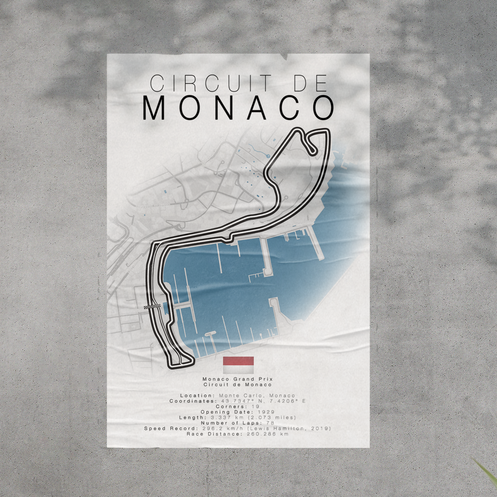 Circuit de Monaco F1 Track Details Poster – Stylish automotive poster featuring the Monaco Grand Prix circuit map, track statistics, and key details. Ideal gift for Formula 1 and racing enthusiasts.