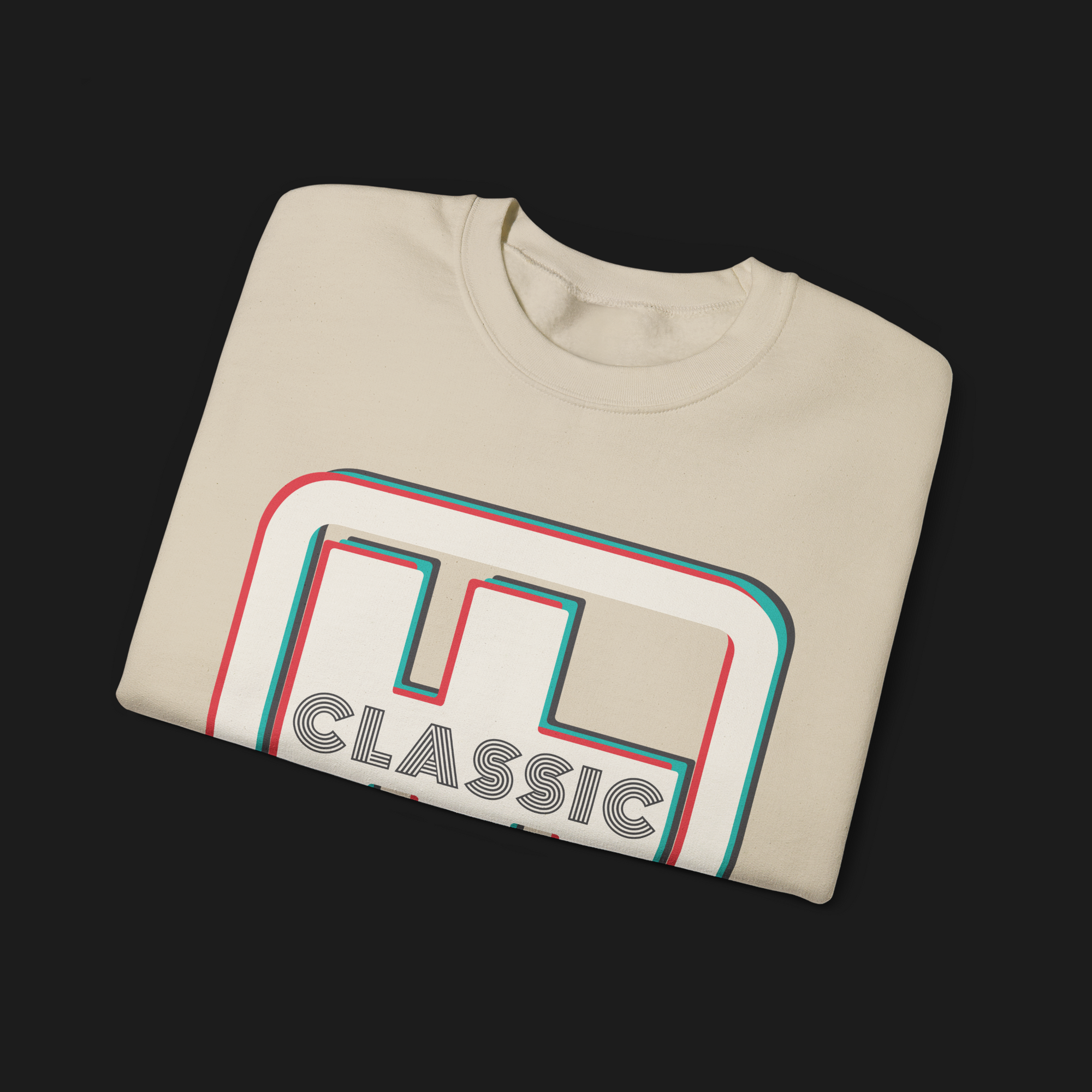 Folded Clutch Classic Automotive Graphic Crewneck – Biege unisex crewneck sweater featuring a retro 'Clutch' logo with a bold outlined design in red, blue, and white. Perfect for car enthusiasts and casual wear.