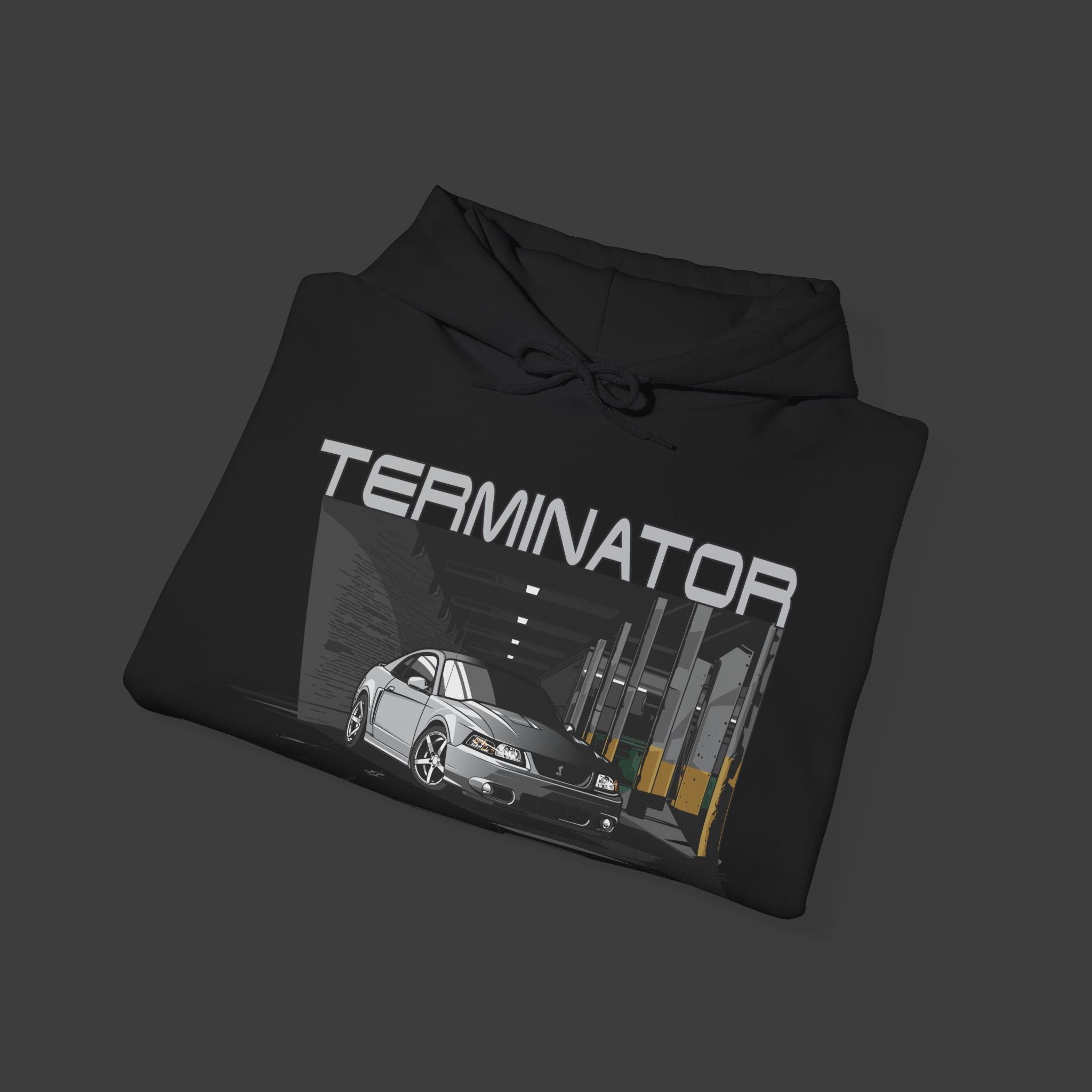 Black hoodie with 'Terminator' graphic design on a dark background. Ford_Mustang_Cobra_SVT_Terminator_Clutch_Hoodie