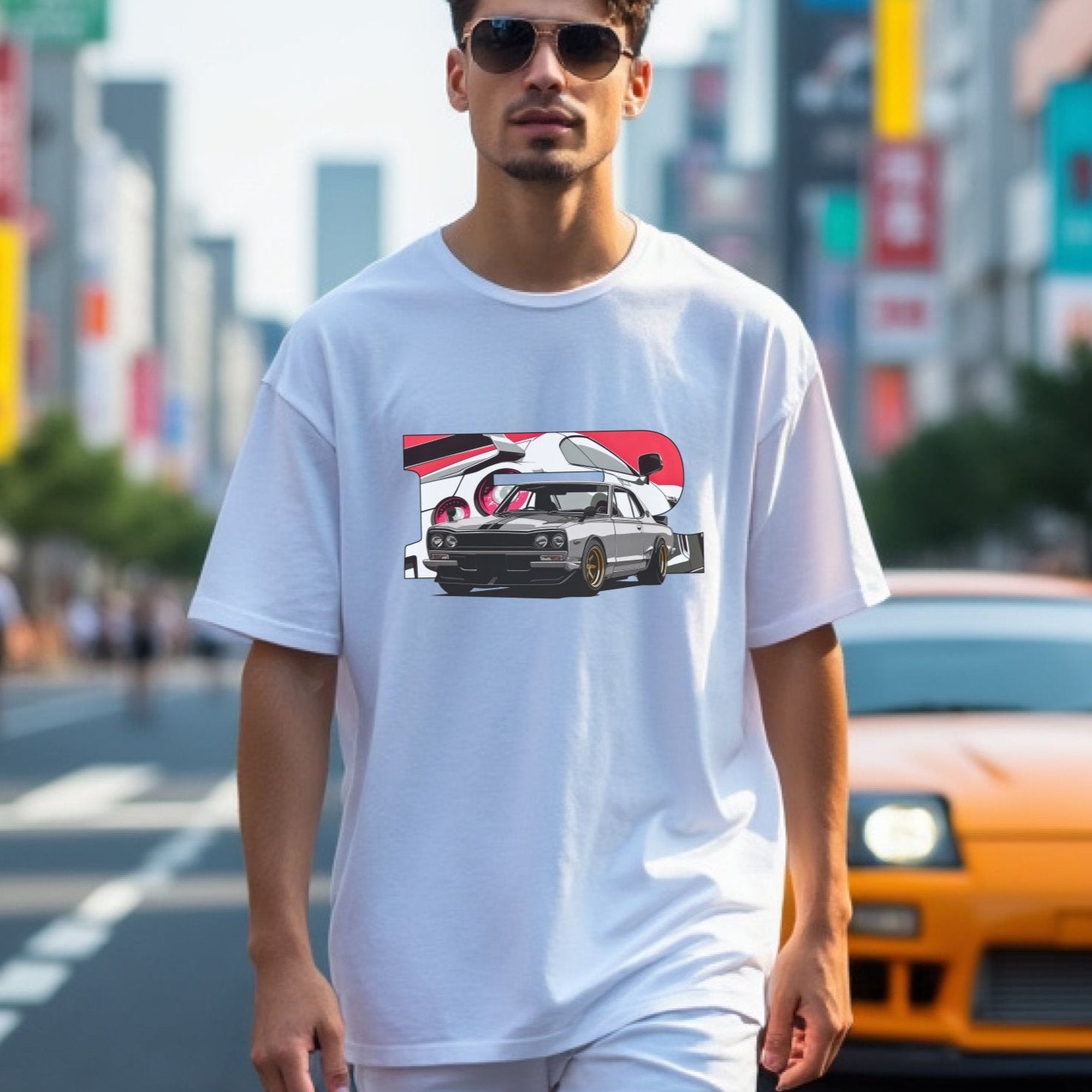 Man wearing 1970 2000GT-R Fuji Speedway Heritage Automotive Graphic T-Shirt – White unisex tee featuring a classic 1970 2000GT-R in front of a stylized Fuji Speedway background in red and white. Ideal gift for vintage car enthusiasts and JDM lovers.
