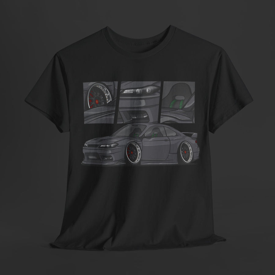 Jtooned X Clutch S15 Silvia T-shirt in Black, Nissan S15 Silvia in Jtooned's tooned art style