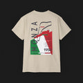 Monza Grand Prix Temple of Speed Graphic T-Shirt – Back view of Monza Grand Prix graphic tee shirt featuring Monza's track layout and bold Italian flag design. Perfect gift for F1 and motorsport enthusiasts.