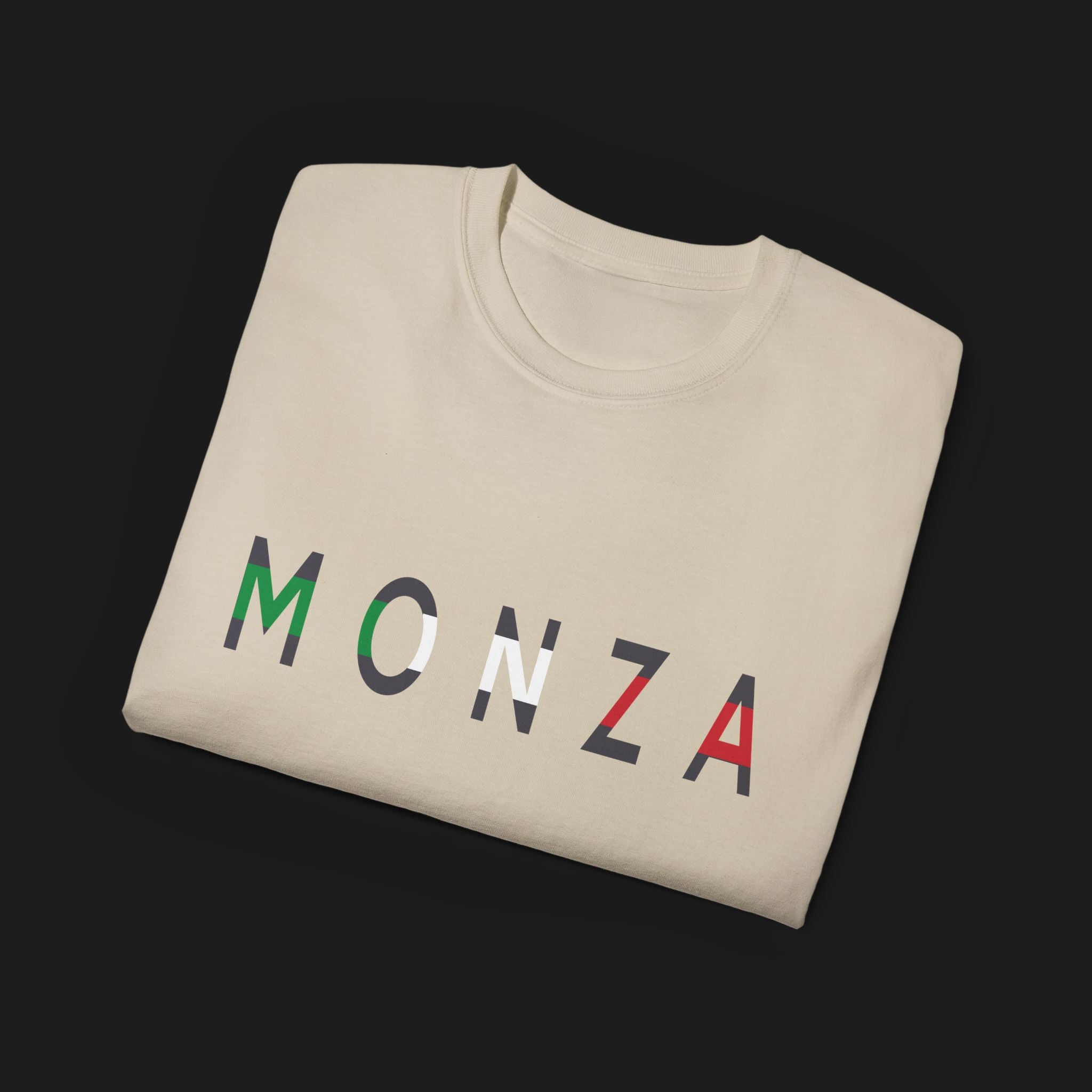 Monza Grand Prix Temple of Speed Graphic T-Shirt – Folded Front view of Monza Grand Prix graphic tee shirt featuring Monza's track layout and bold Italian flag design. Perfect gift for F1 and motorsport enthusiasts.