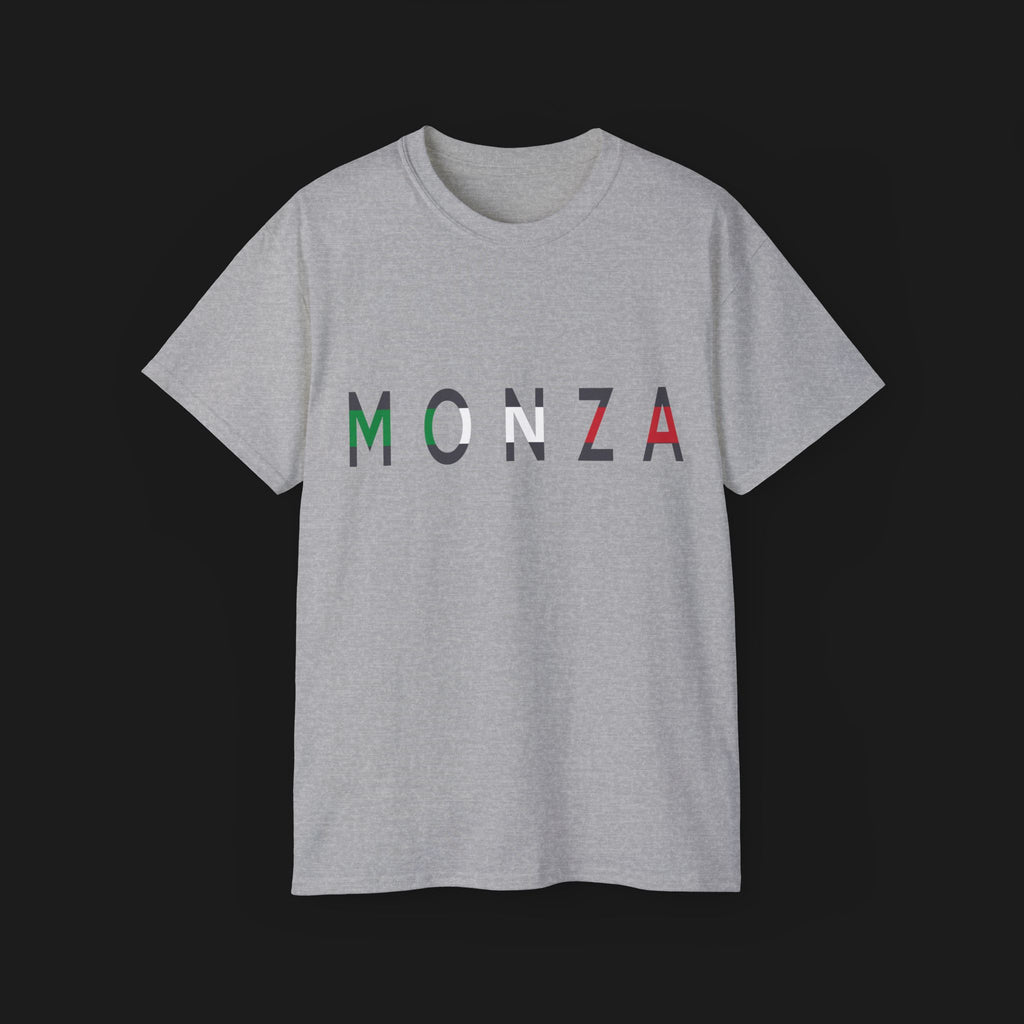 Monza Grand Prix Temple of Speed Graphic T-Shirt – Front view of grey Monza Grand Prix graphic tee shirt featuring Monza's track layout and bold Italian flag design. Perfect for F1 and motorsport enthusiasts.