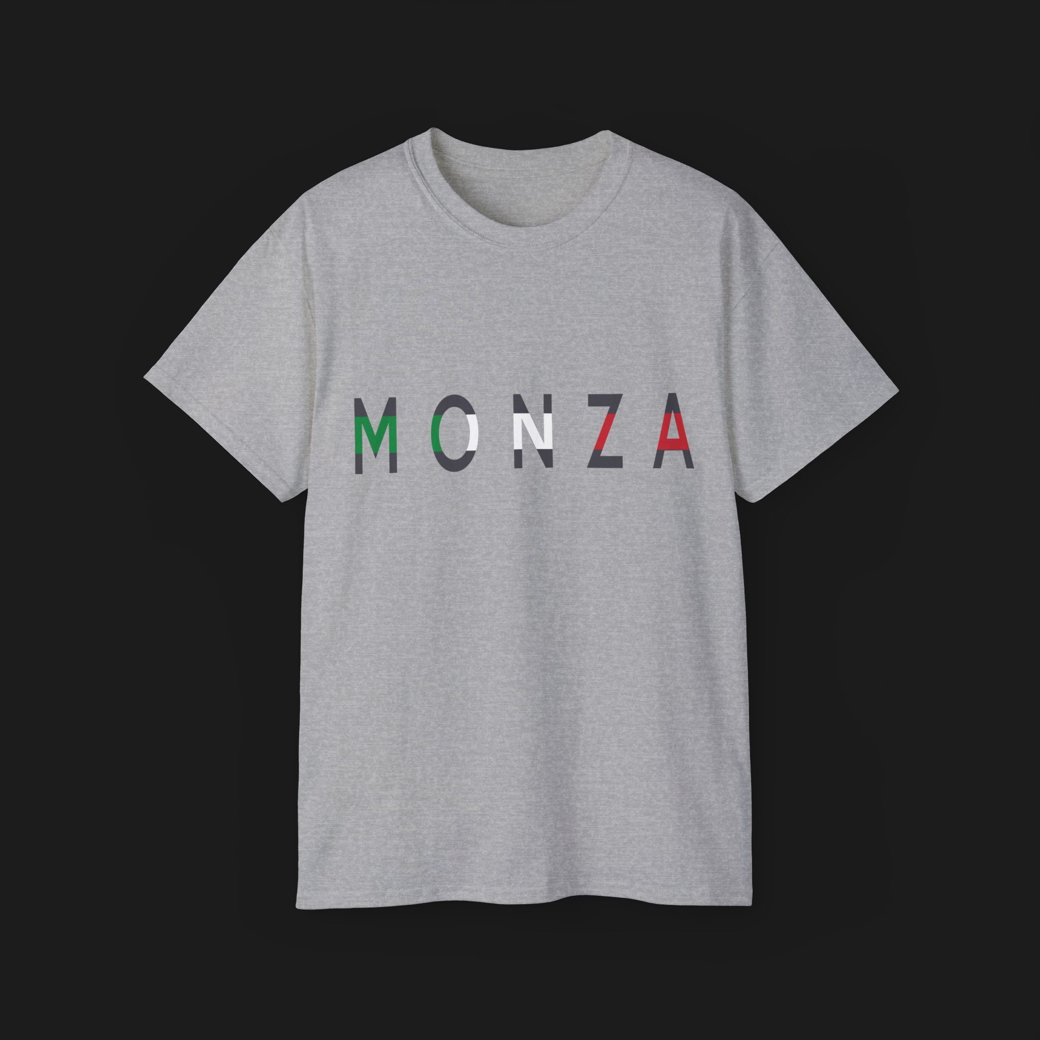 Monza Grand Prix Temple of Speed Graphic T-Shirt – Front view of grey Monza Grand Prix graphic tee shirt featuring Monza's track layout and bold Italian flag design. Perfect for F1 and motorsport enthusiasts.