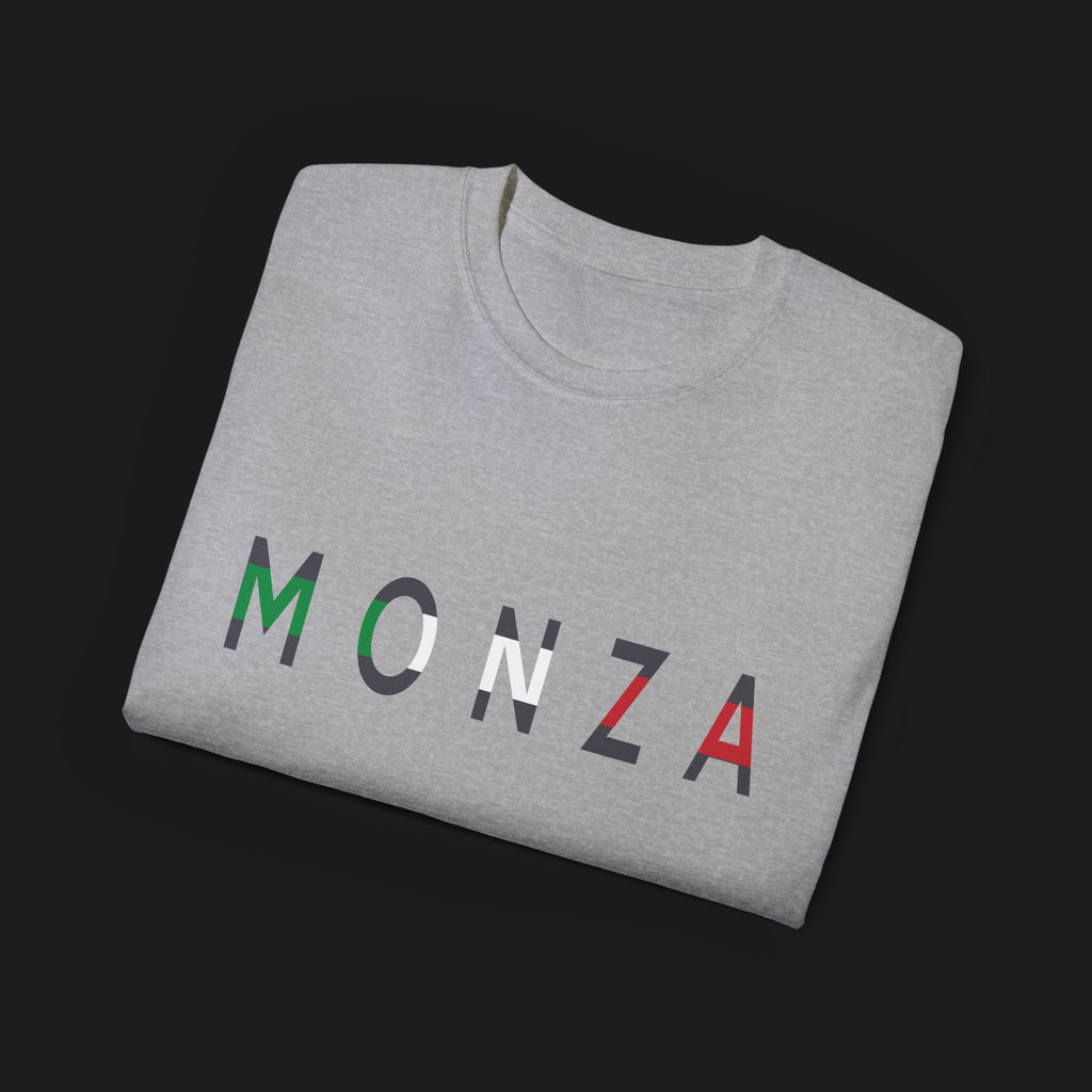Monza Grand Prix Temple of Speed Graphic T-Shirt – Folded Front view of grey Monza Grand Prix graphic tee shirt featuring Monza's track layout and bold Italian flag design. Perfect gift for F1 and motorsport enthusiasts.