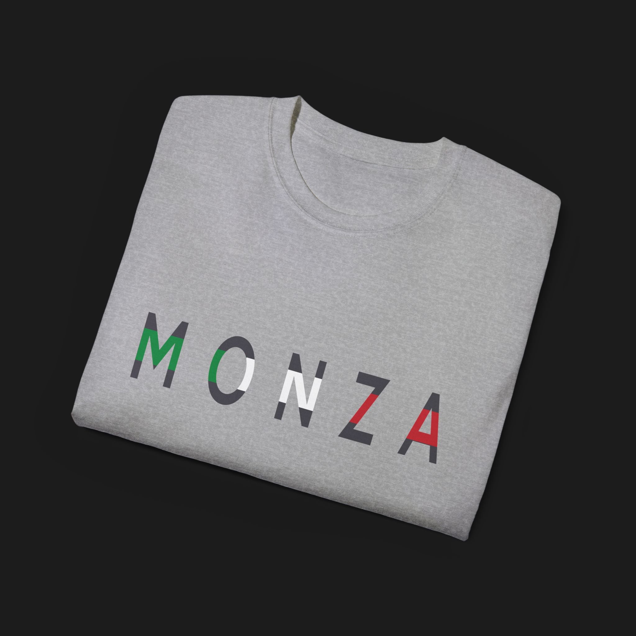 Monza Grand Prix Temple of Speed Graphic T-Shirt – Folded Front view of grey Monza Grand Prix graphic tee shirt featuring Monza's track layout and bold Italian flag design. Perfect gift for F1 and motorsport enthusiasts.
