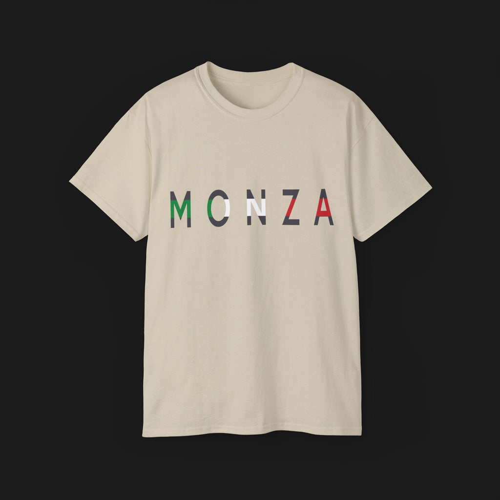 Monza Grand Prix Temple of Speed Graphic T-Shirt – Front view of Monza Grand Prix graphic tee shirt featuring Monza's track layout and bold Italian flag design. Perfect for F1 and motorsport enthusiasts.