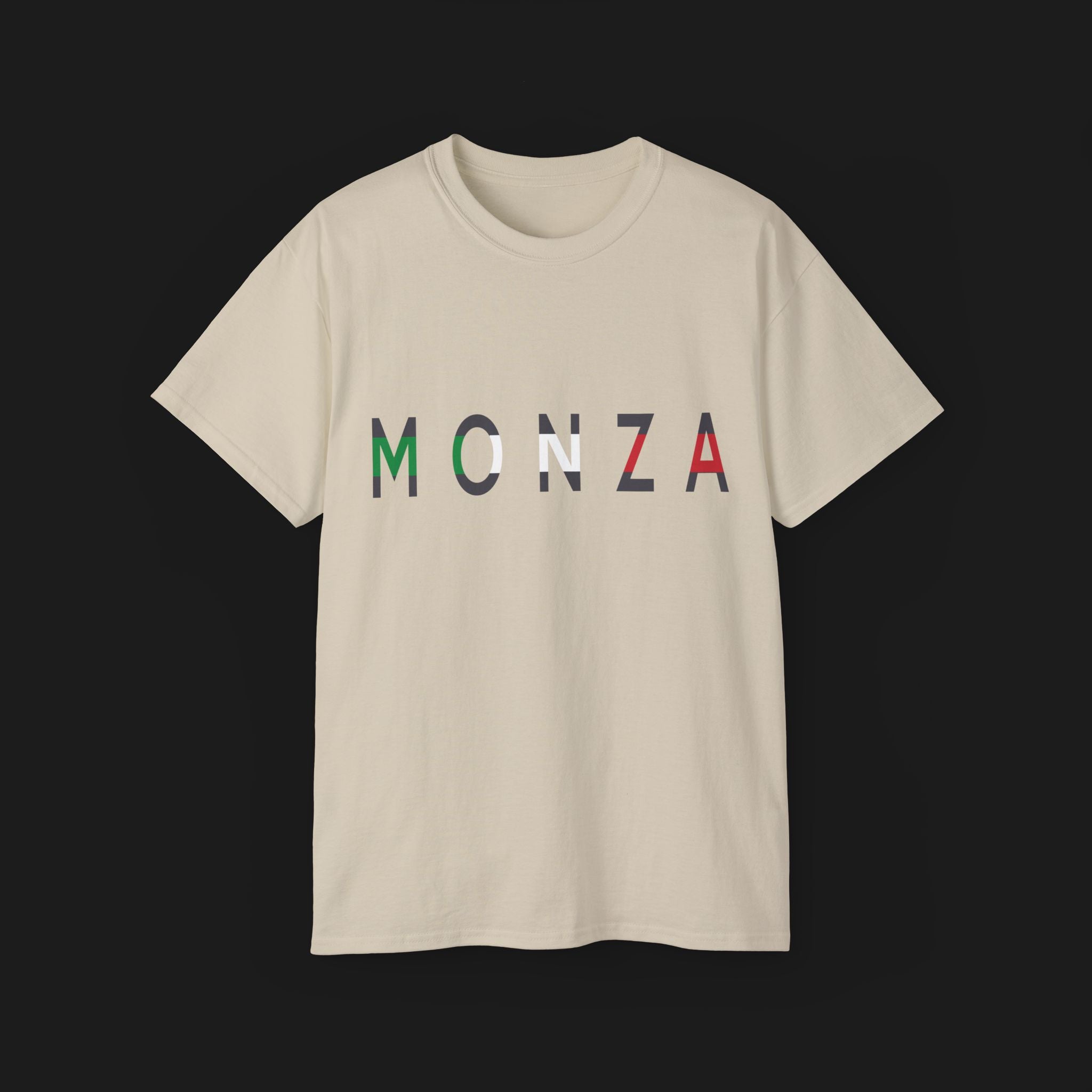 Monza Grand Prix Temple of Speed Graphic T-Shirt – Front view of Monza Grand Prix graphic tee shirt featuring Monza's track layout and bold Italian flag design. Perfect for F1 and motorsport enthusiasts.