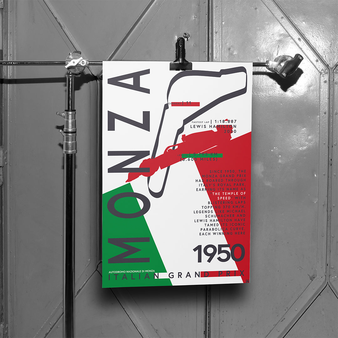 Monza F1 Grand Prix Temple of Speed Poster – Modern graphic design poster featuring the Monza F1 circuit outline with Italian flag colors, track statistics, and notable drivers. Ideal gift for Formula 1 and racing fans.