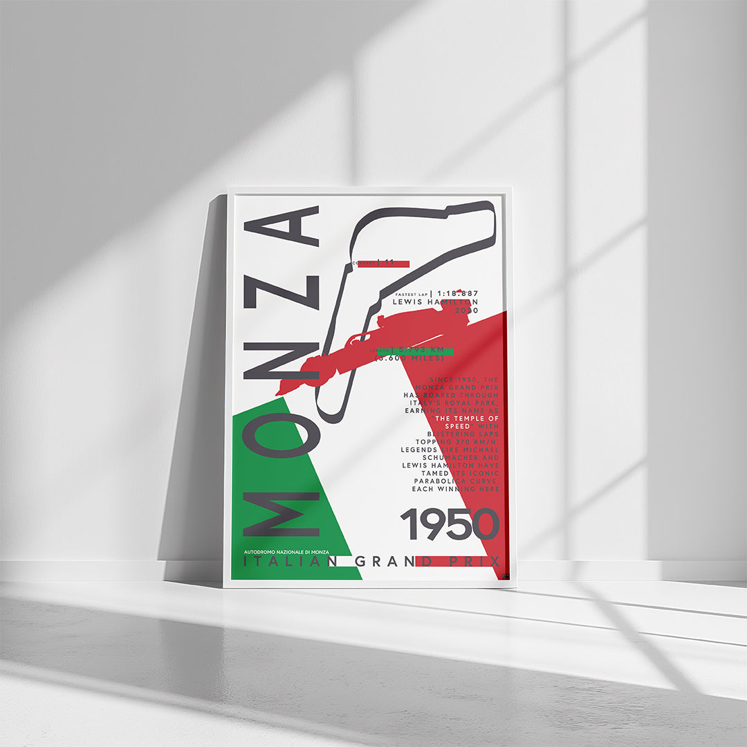 Monza F1 Grand Prix Temple of Speed Poster – Modern graphic design poster featuring the Monza F1 circuit outline with Italian flag colors, track statistics, and notable drivers. Ideal for Formula 1 and racing fans.