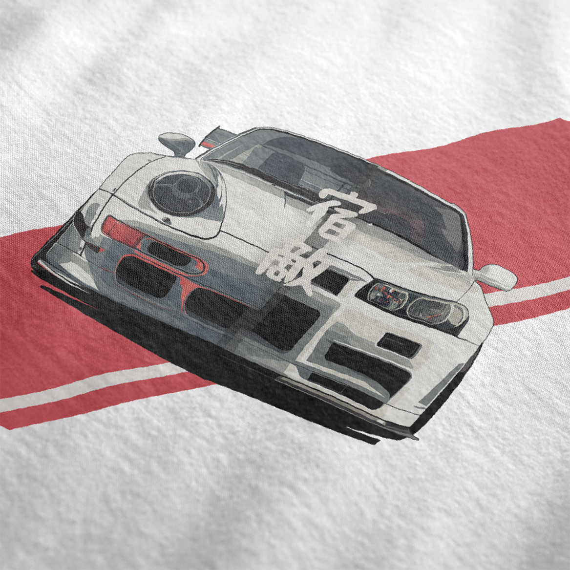 Close up of 911 GT-R Nemesis, Forever Rivals Automotive Graphic T-Shirt Design – White unisex tee featuring a front-facing Porsche 911 and GT-R graphic with a red geometric background. Perfect gift for car enthusiasts and JDM fans.