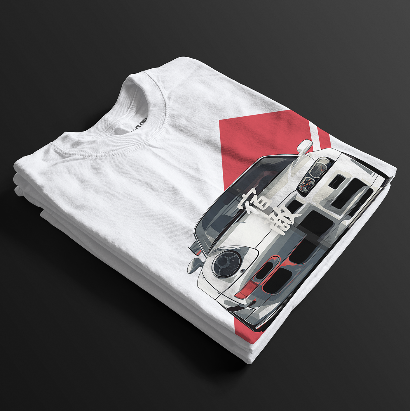 Folded 911 GT-R Nemesis, Forever Rivals Automotive Graphic T-Shirt – White unisex tee featuring a front-facing Porsche 911 and GT-R graphic with a red geometric background. Perfect gift for car enthusiasts and JDM fans.