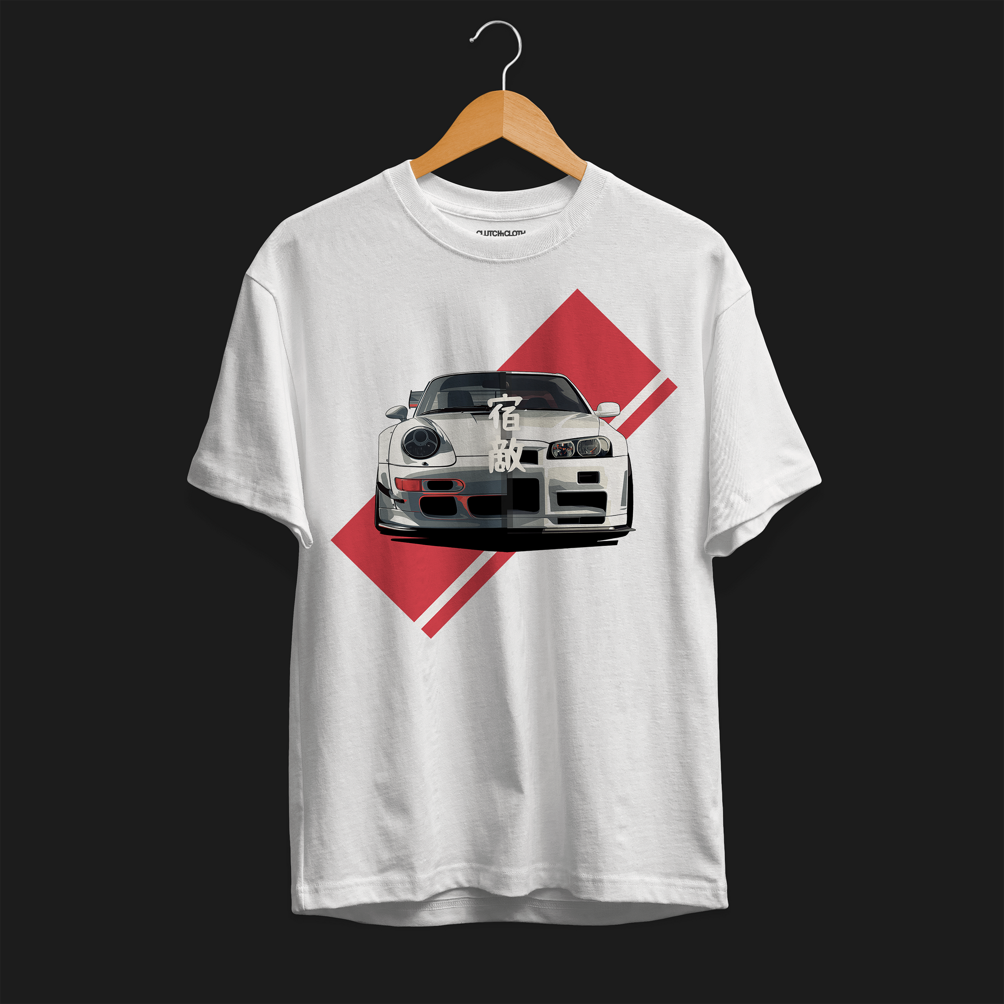 Front of 911 GT-R Nemesis, Forever Rivals Automotive Graphic T-Shirt – White unisex tee featuring a front-facing Porsche 911 and GT-R graphic with a red geometric background. Perfect gift for car enthusiasts and JDM fans.