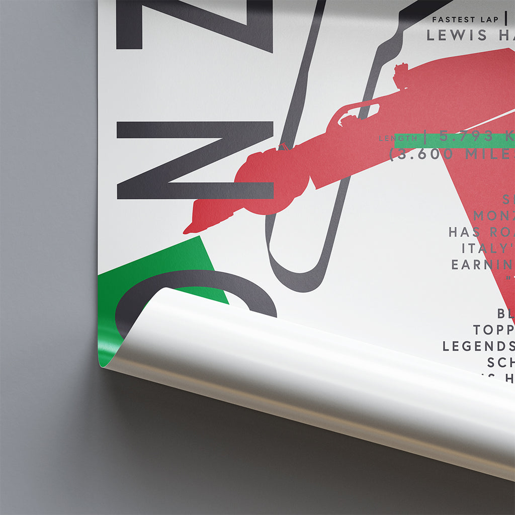 Close up of Monza F1 Grand Prix Temple of Speed Poster Design – Modern graphic design poster featuring the Monza F1 circuit outline with Italian flag colors, track statistics, and notable drivers. Ideal for Formula 1 and racing fans.
